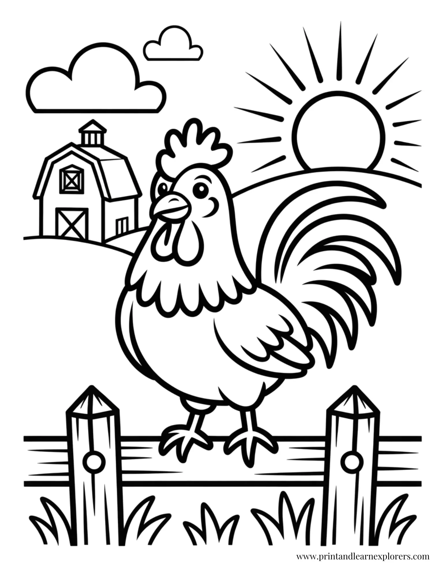 Rooster At Sunrise Coloring Page