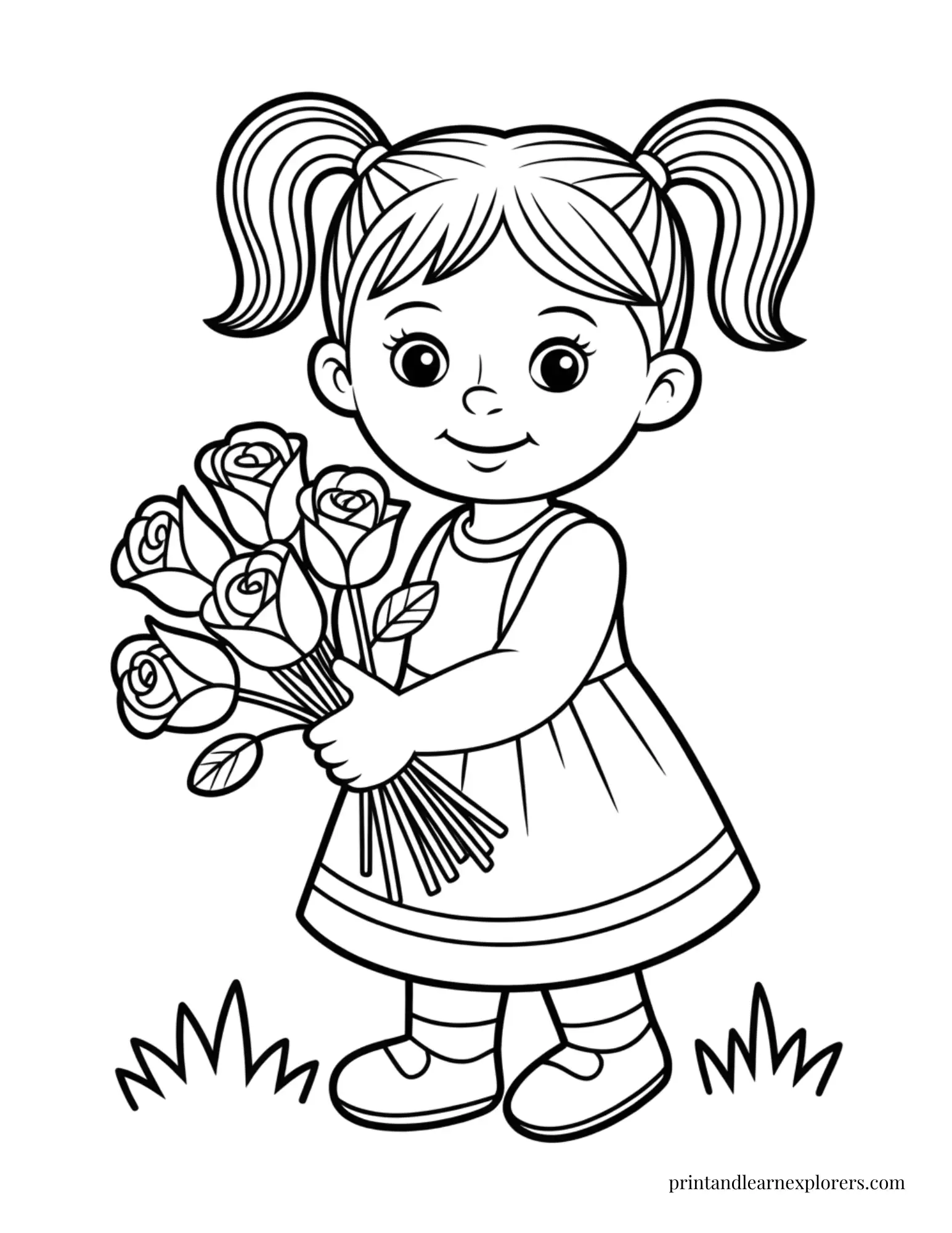Small Girl with Roses Easy Coloring Page