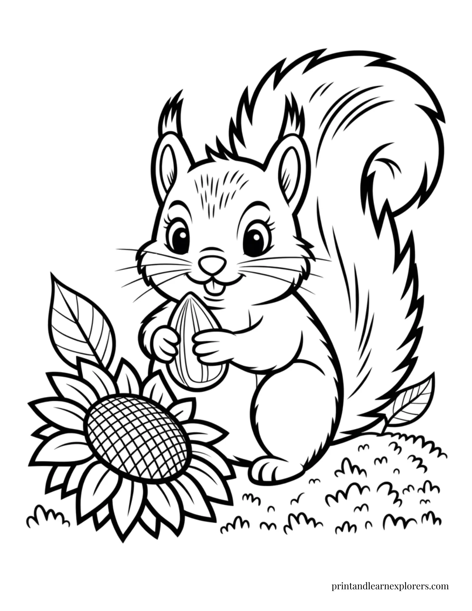Squirrel eating sunflower seeds coloring page