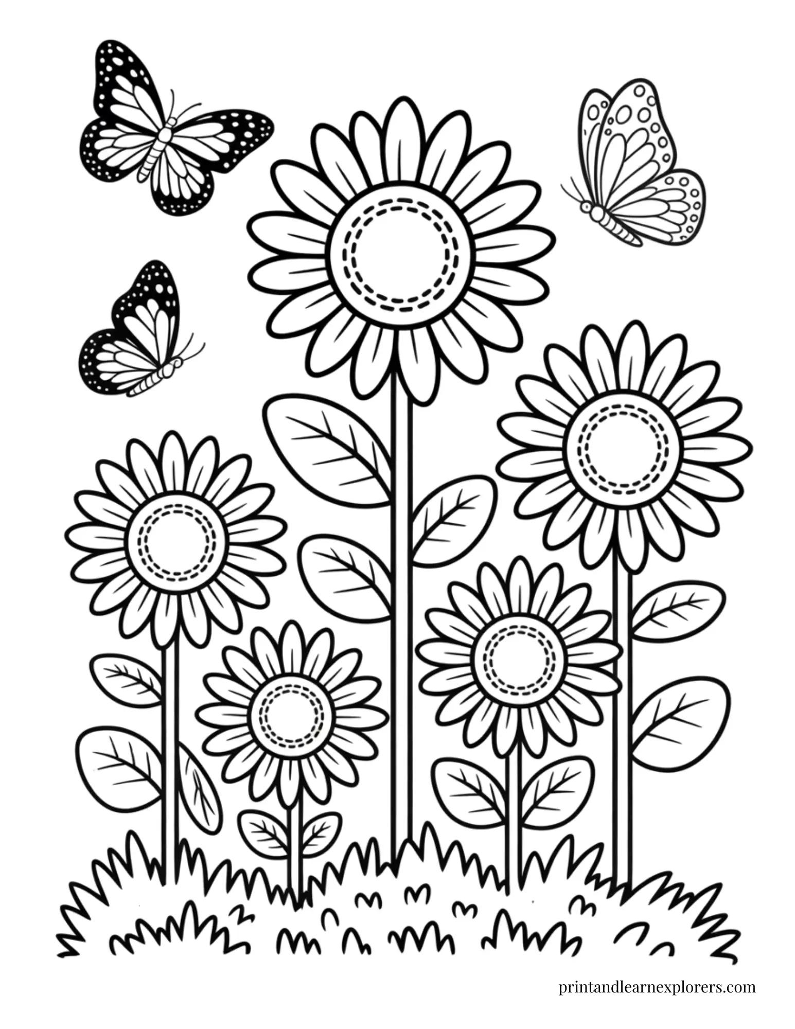 Sunflowers and butterflies coloring page