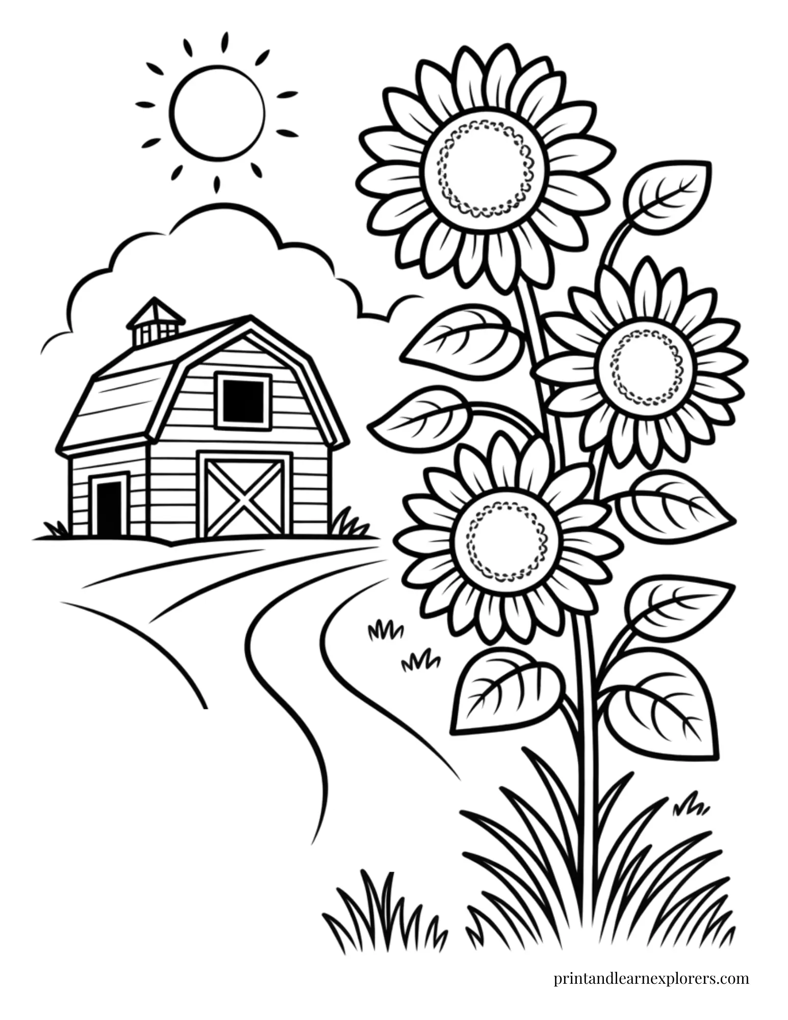 Sunflowers by the barn coloring page