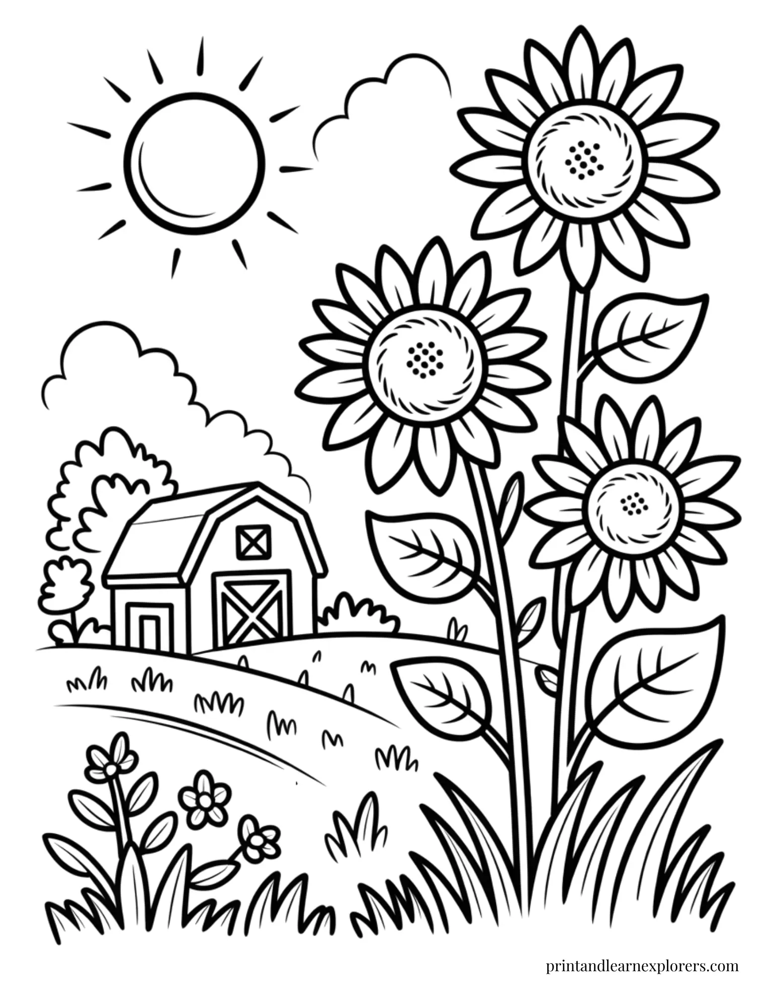 Sunflowers on the farm coloring page