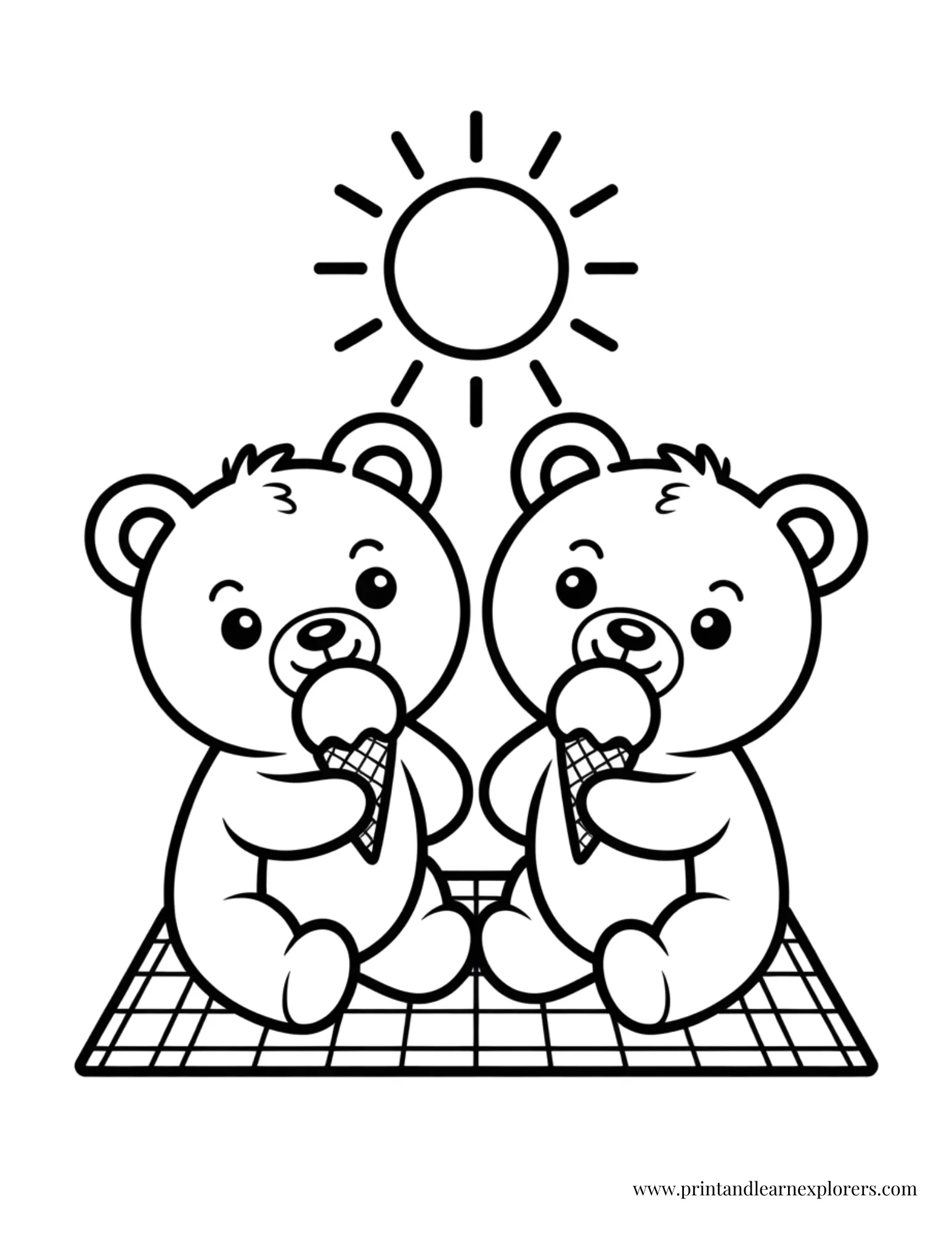 Teddy Bears Picnic with Ice Cream Coloring Page