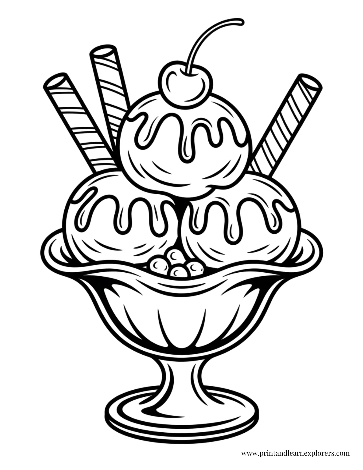 Three Scoops Ice Cream with Sauce Coloring Page