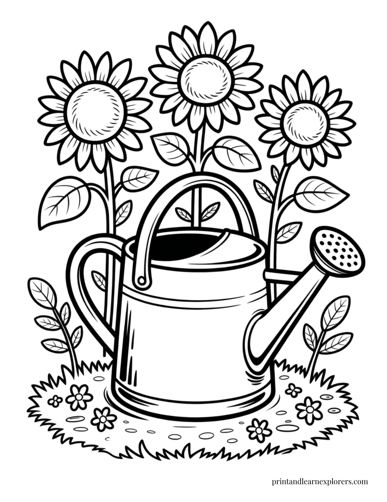Watering can and sunflowers coloring page