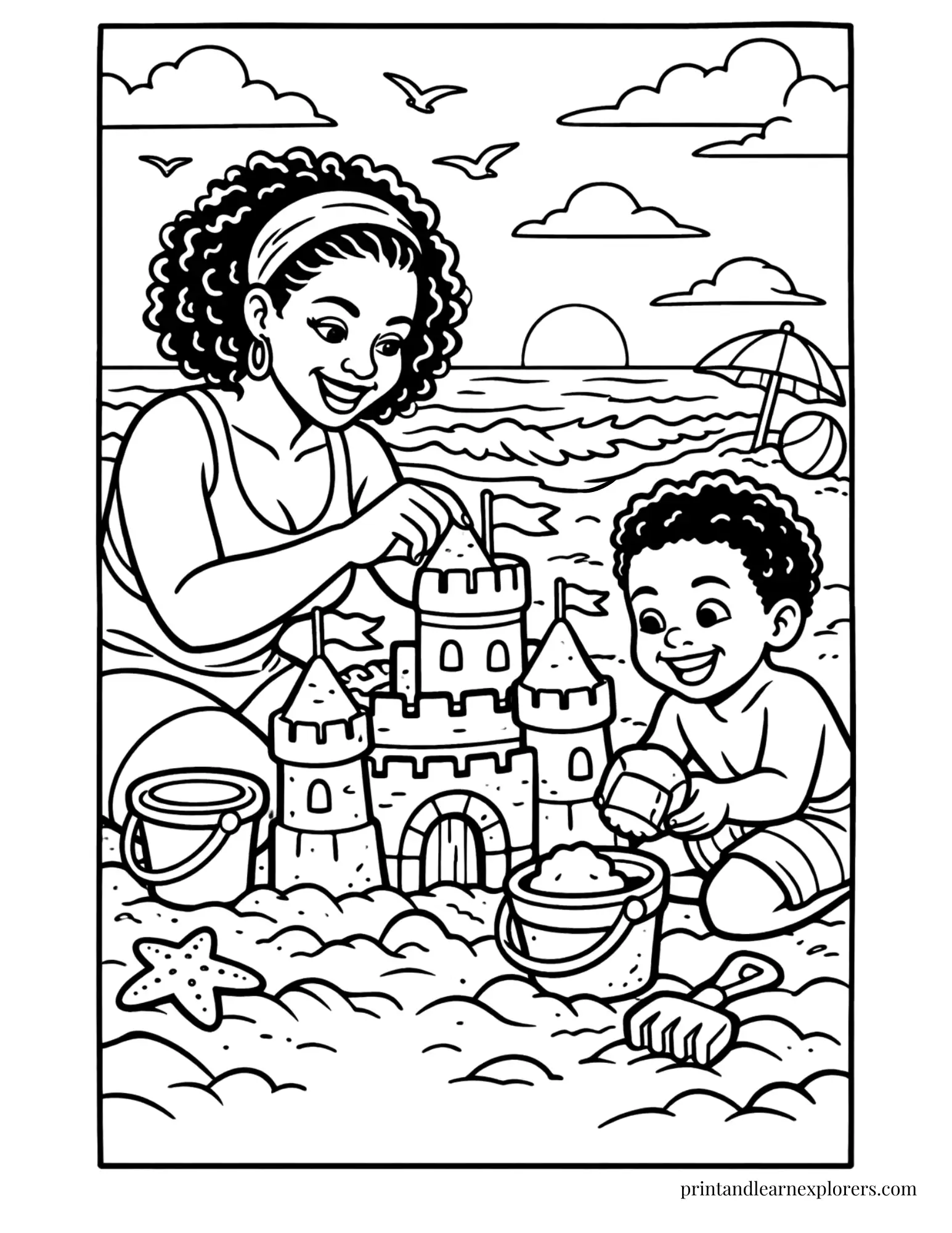 Black Mom and son building sandcastle coloring page