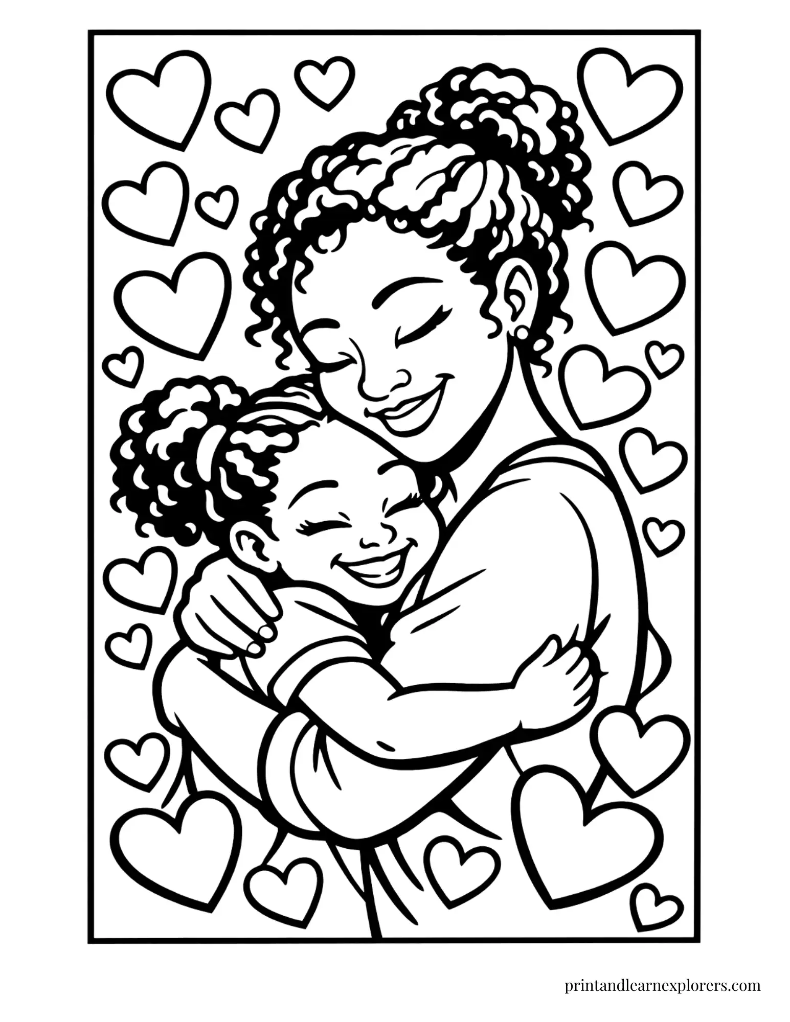 Black Mom hugging daughter coloring page