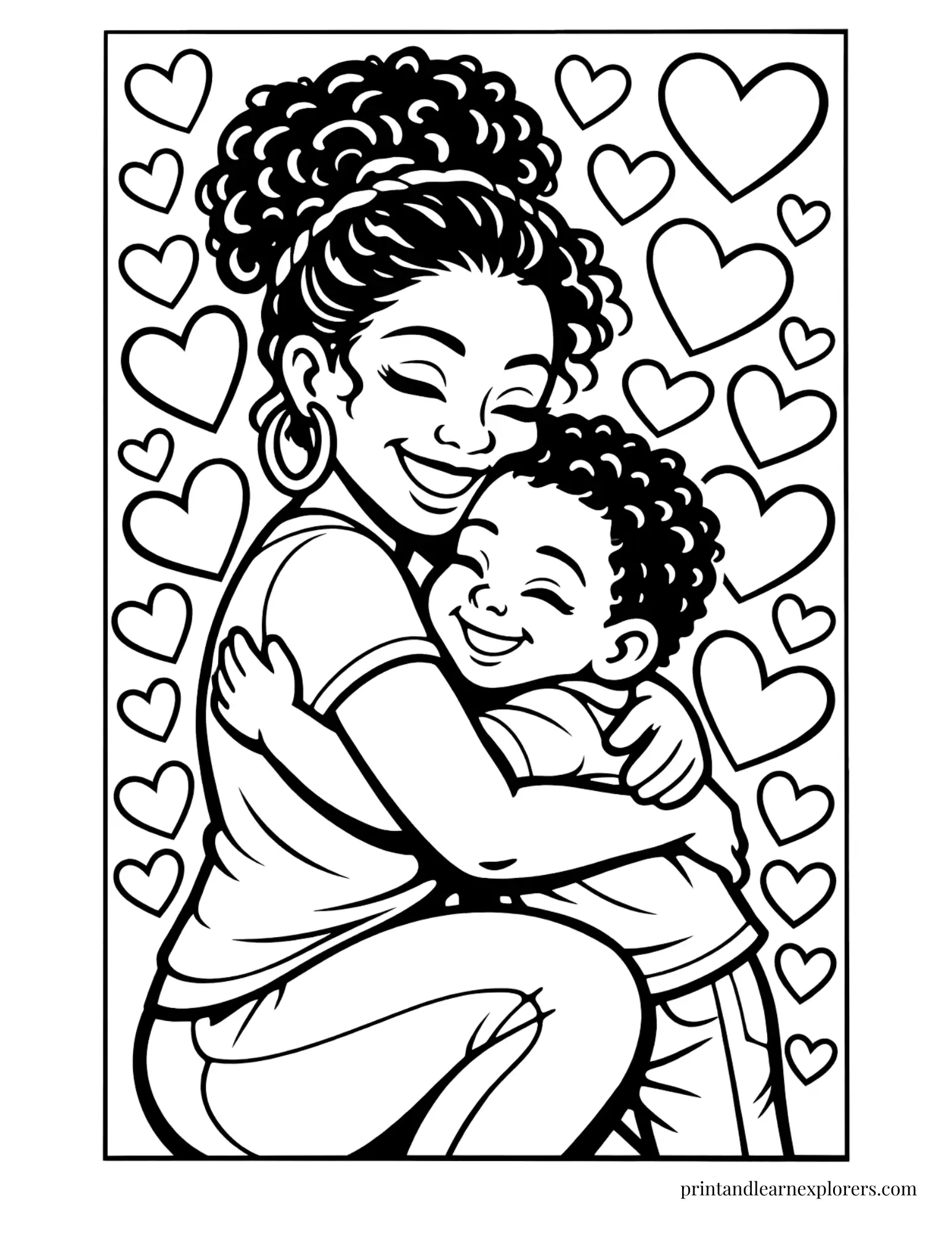 Black Mom hugging son coloring page