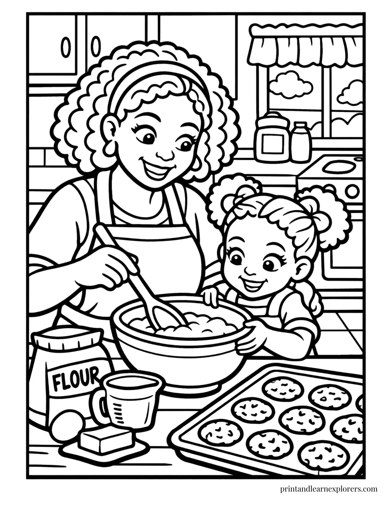 Black mom and daughter coloring page
