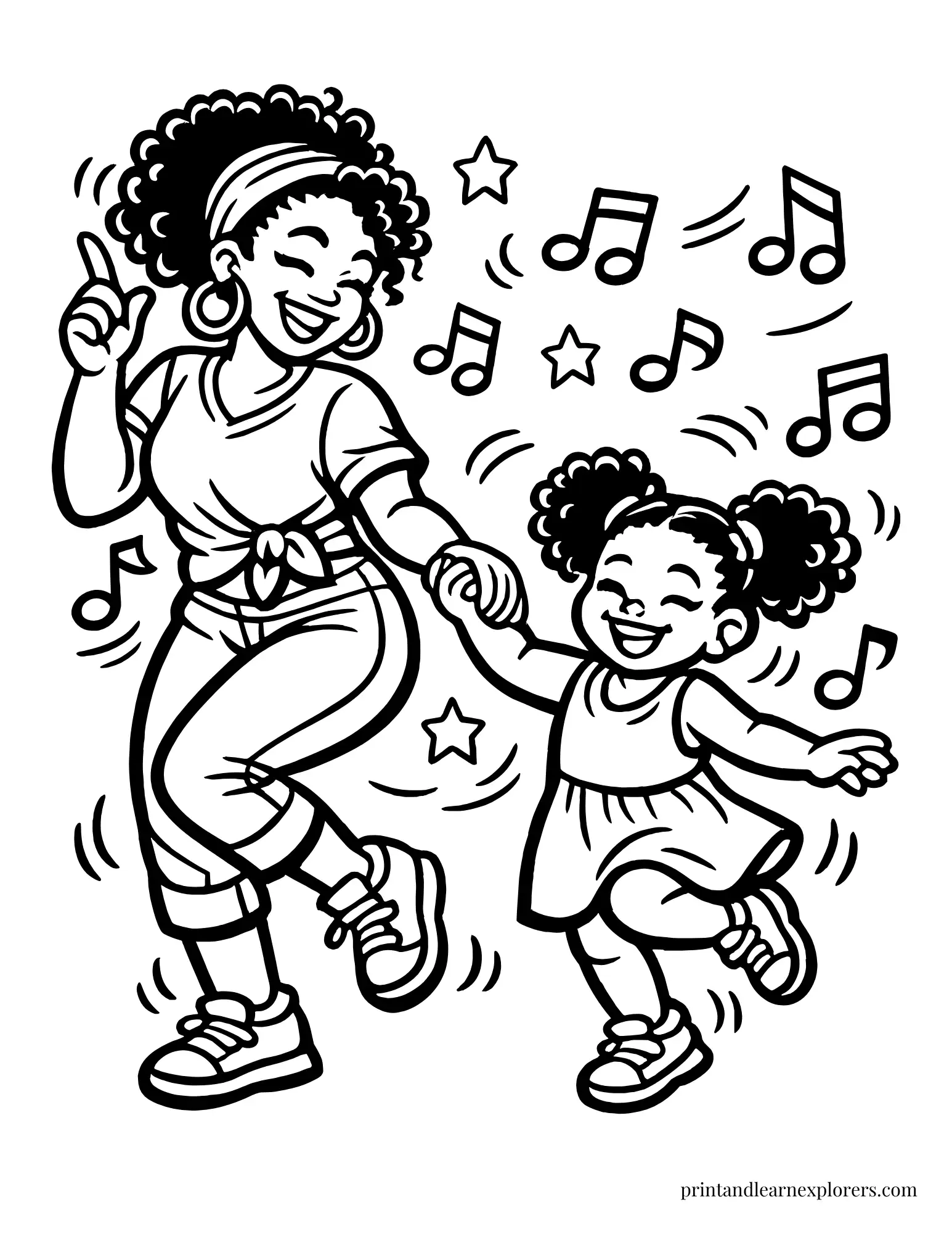 Black mom and daughter dancing coloring page