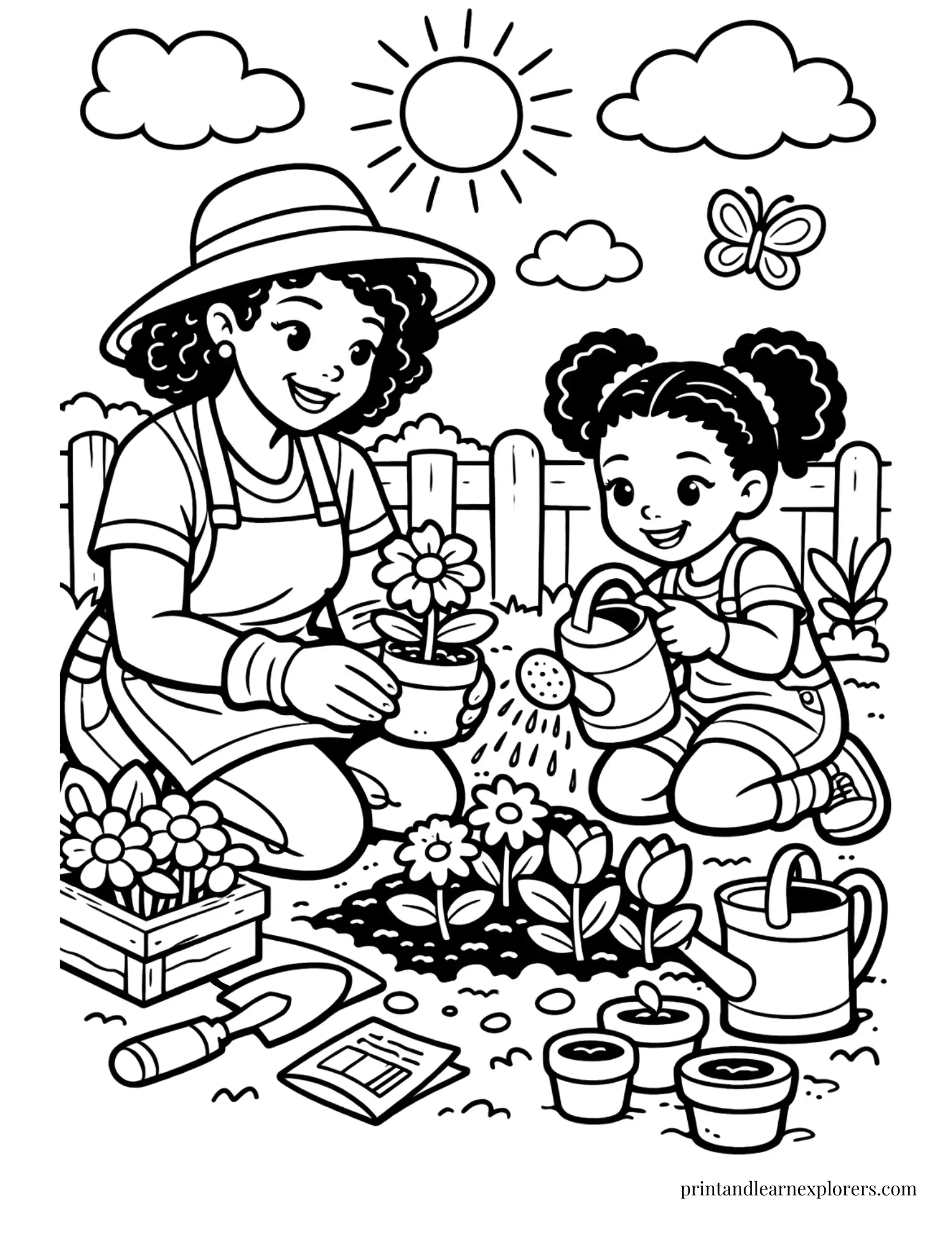 Black mom and daughter gardening coloring page