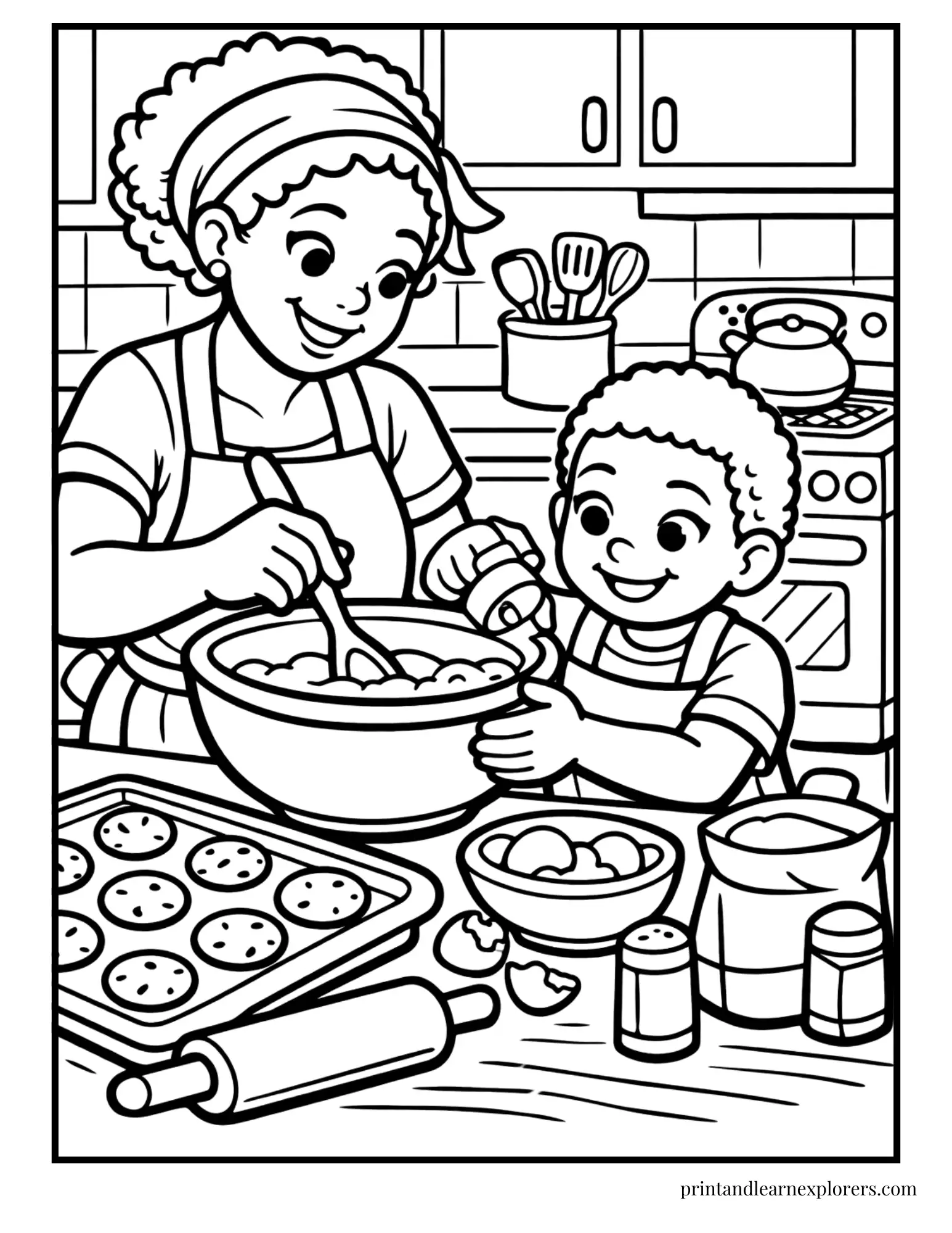 Black mom and son baking coloring page