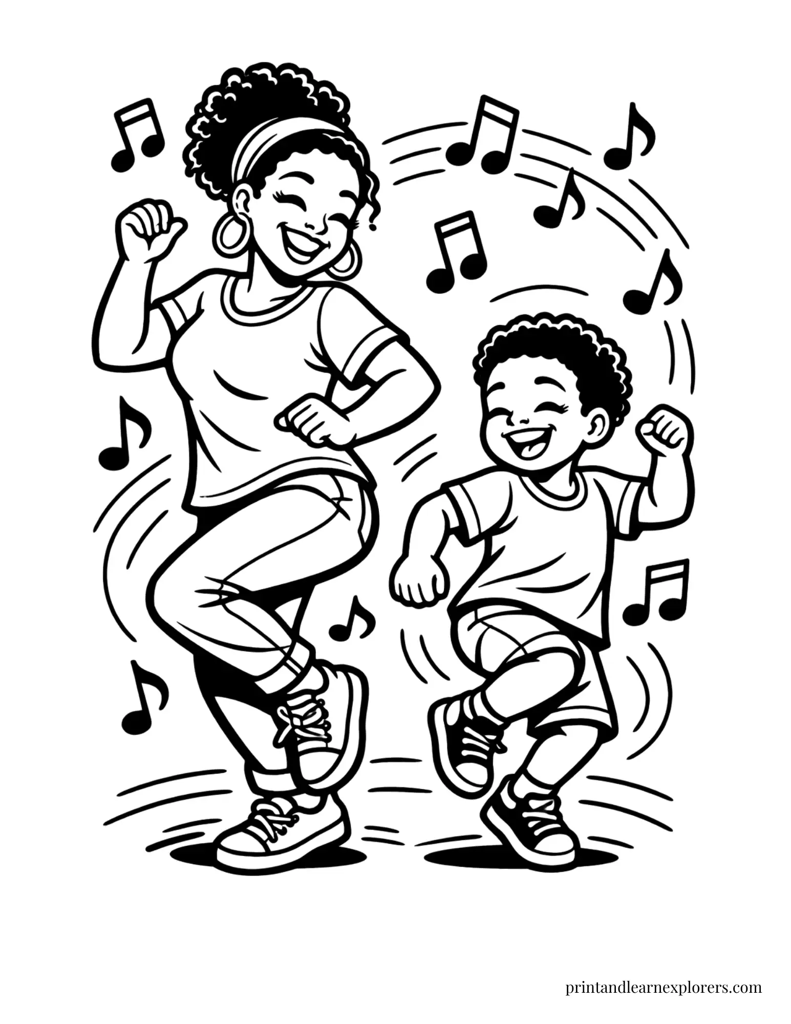 Black mom and son dancing coloring page