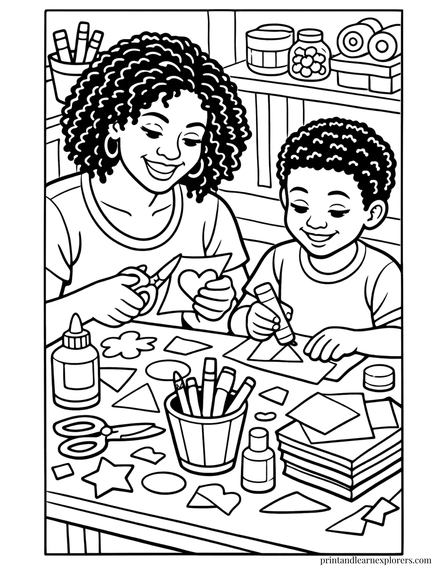 Black mom and son doing crafts coloring page