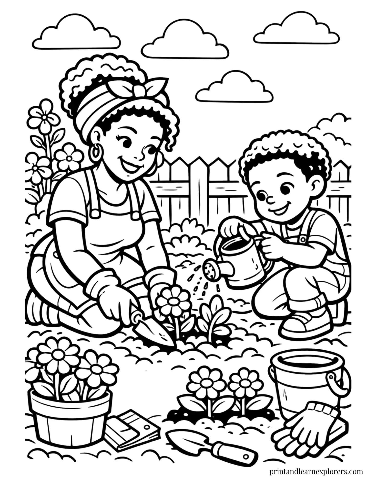 Black mom and son gardening coloring page