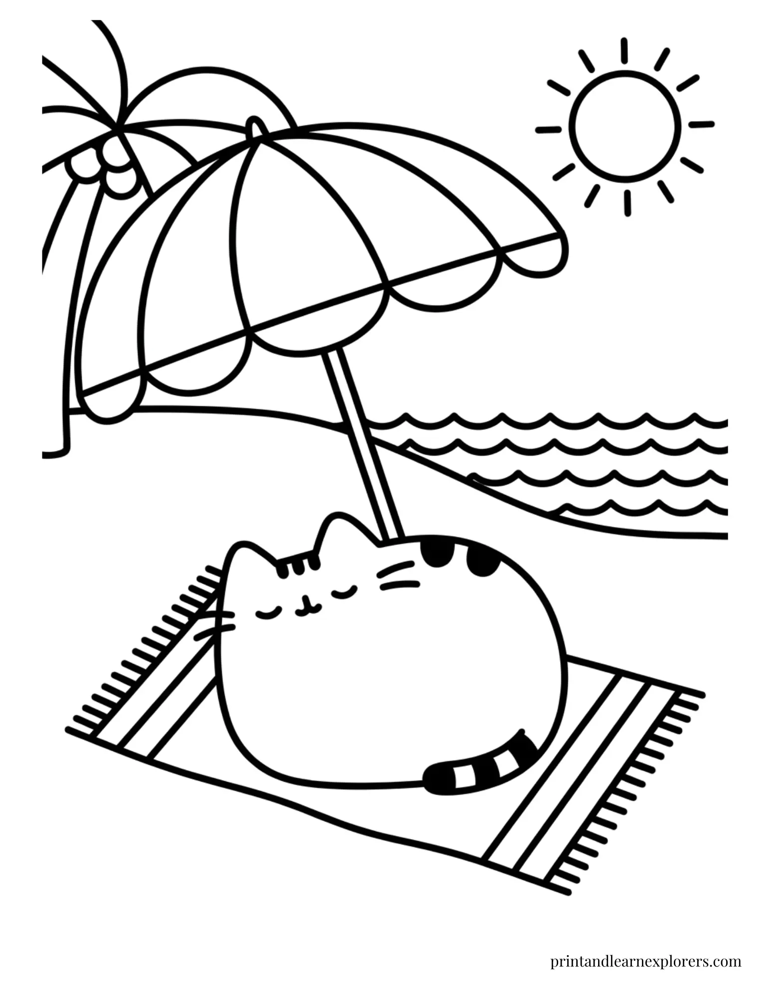 Cat sunbathing on beach coloring page