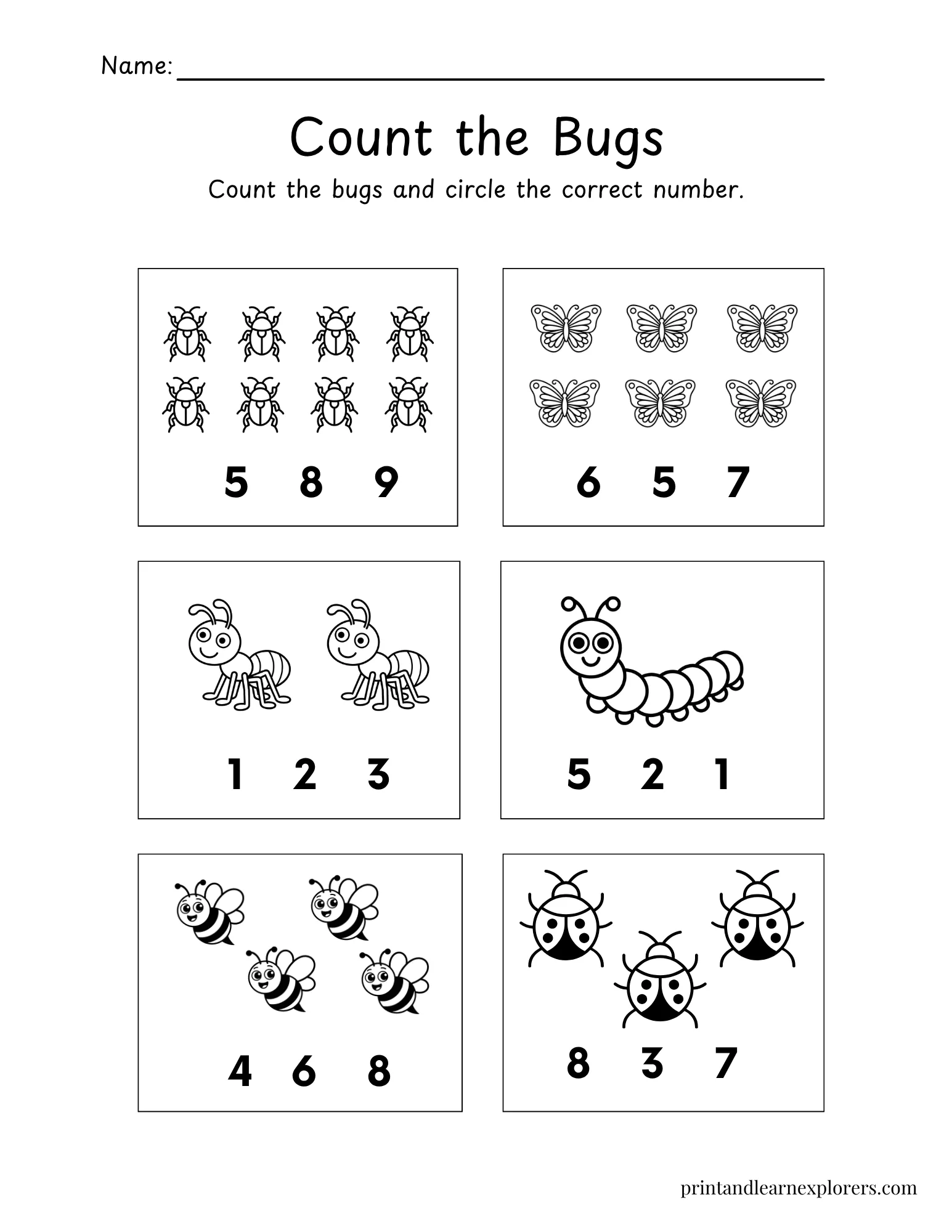 Count the bugs and circle worksheet
