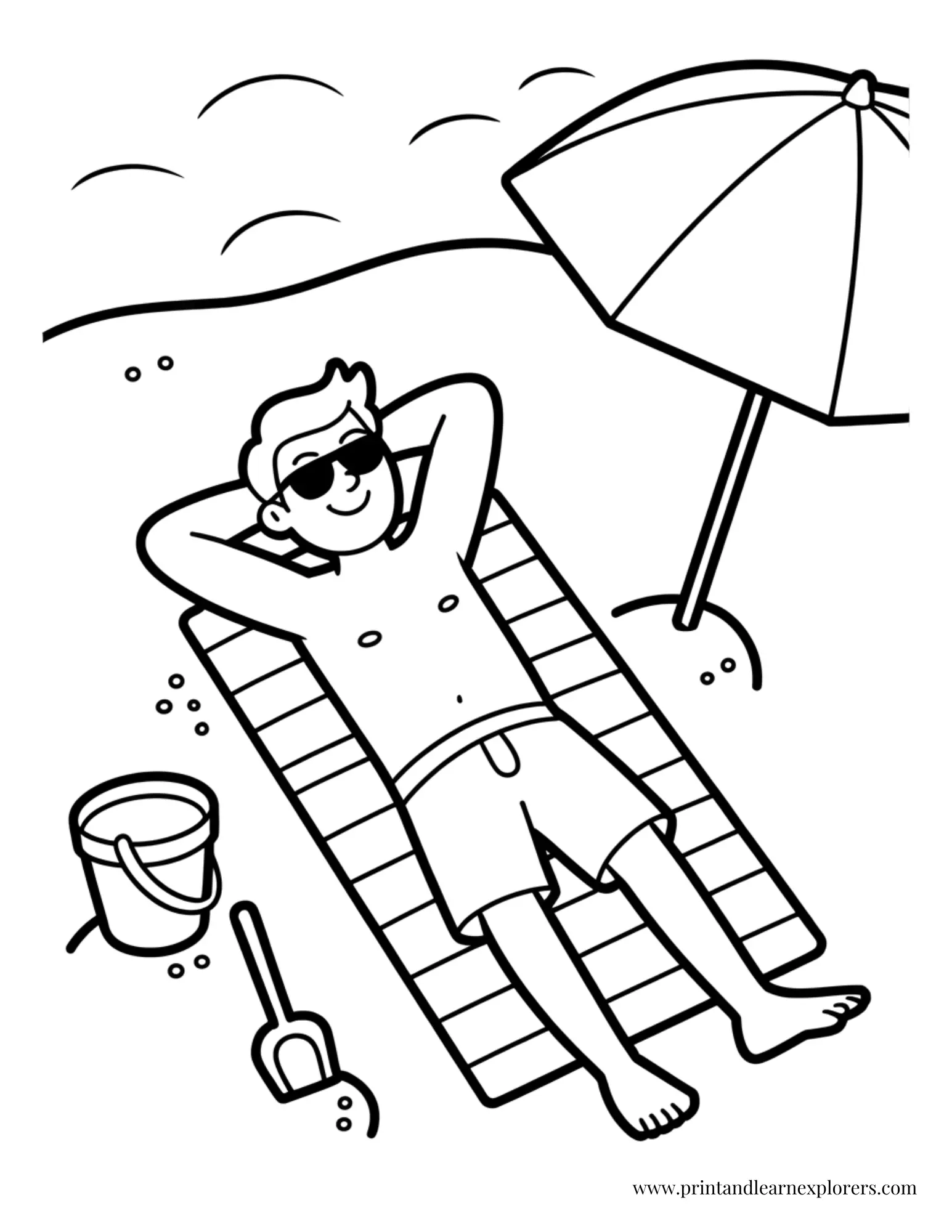 Dad sunbathing on the beach coloring page