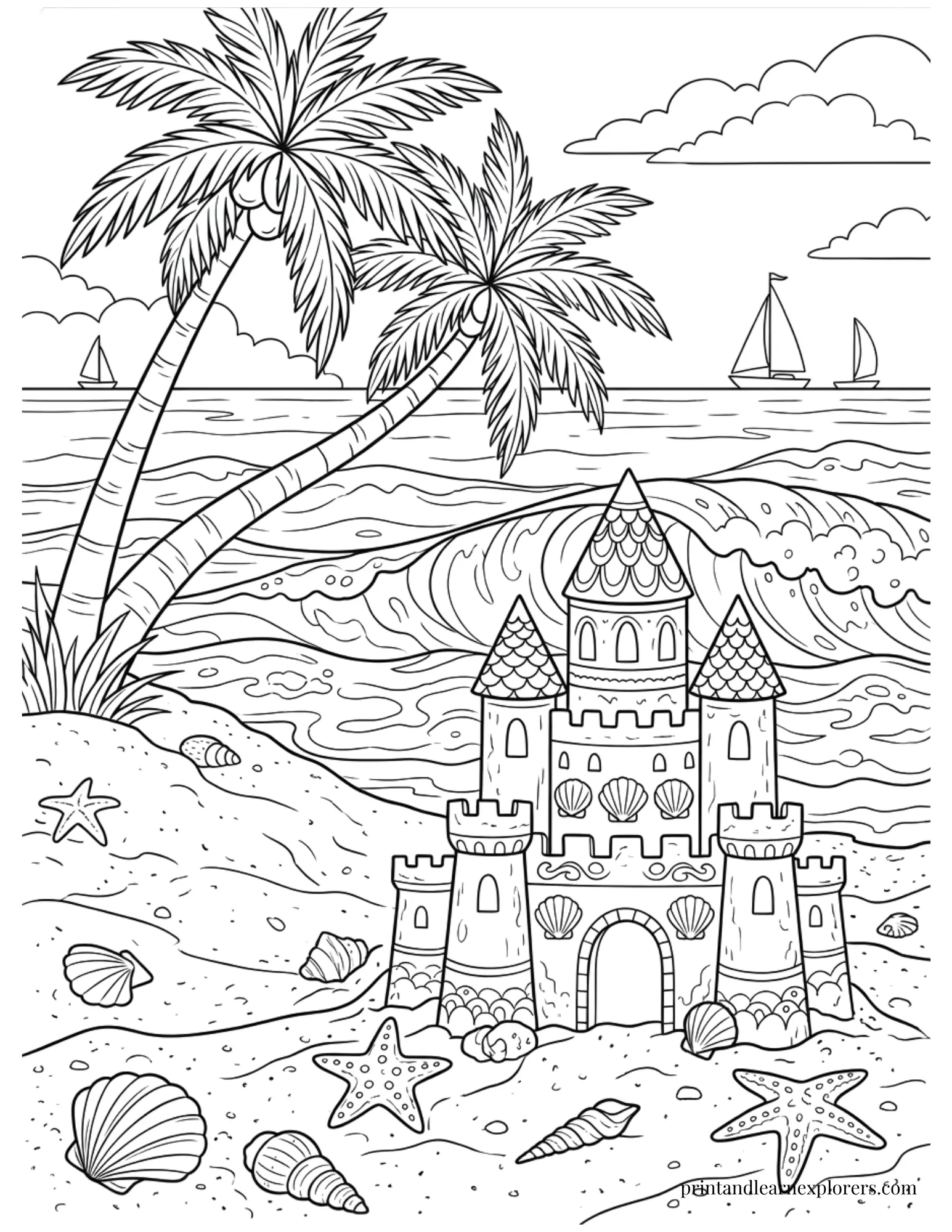 Detailed beach sandcastle coloring page