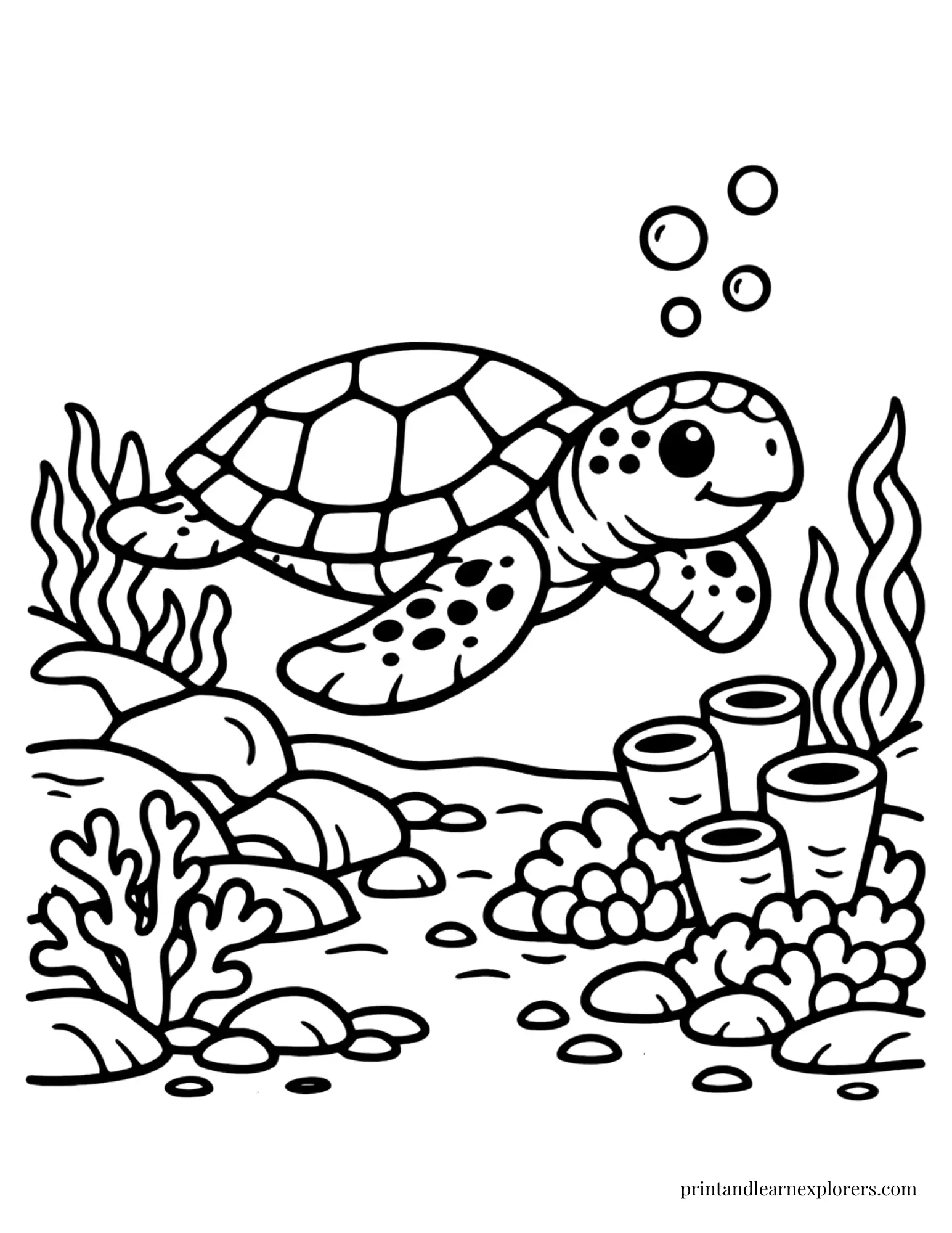 Easy Sea Turtle by Coral Coloring Page