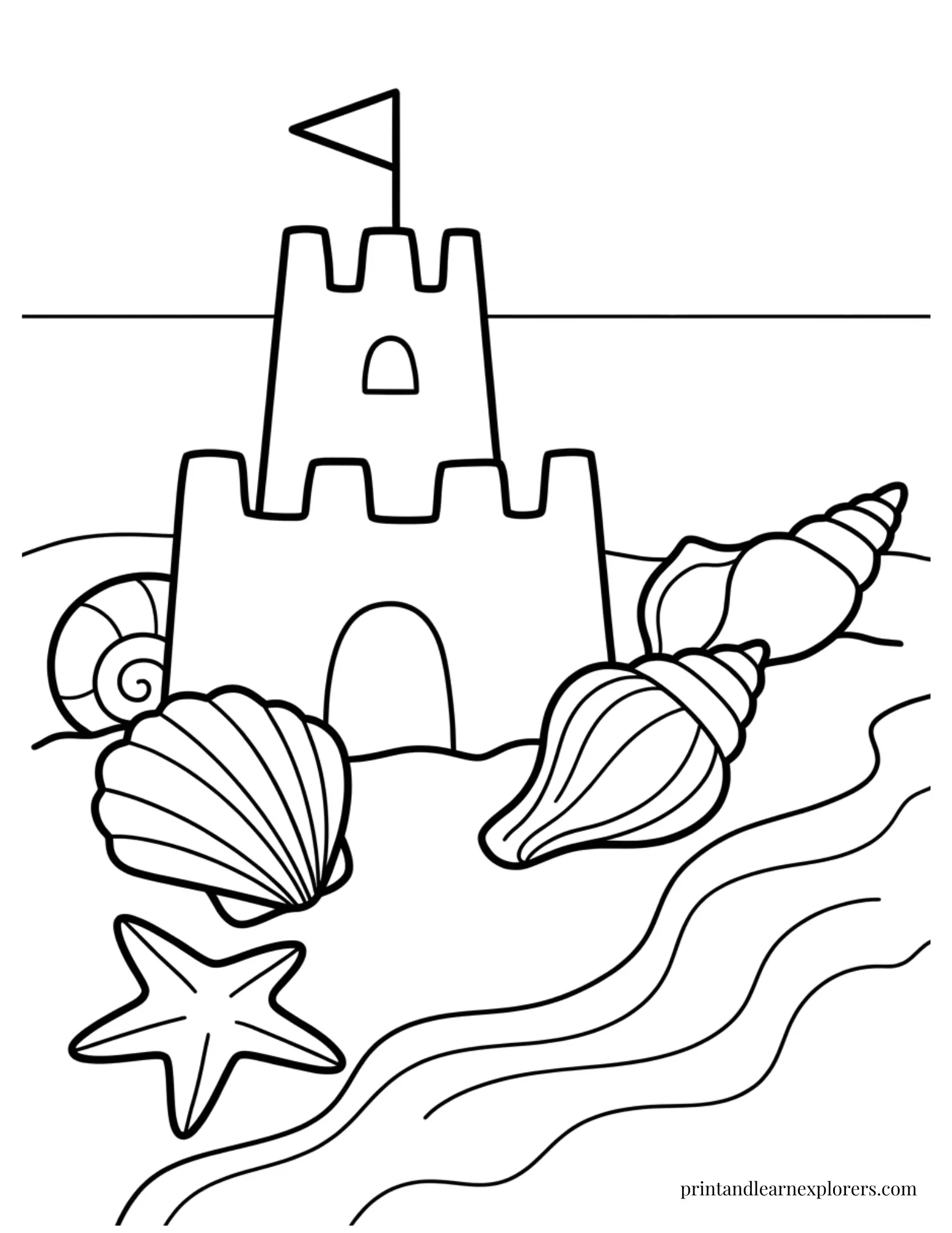 Easy sandcastle and shells coloring page