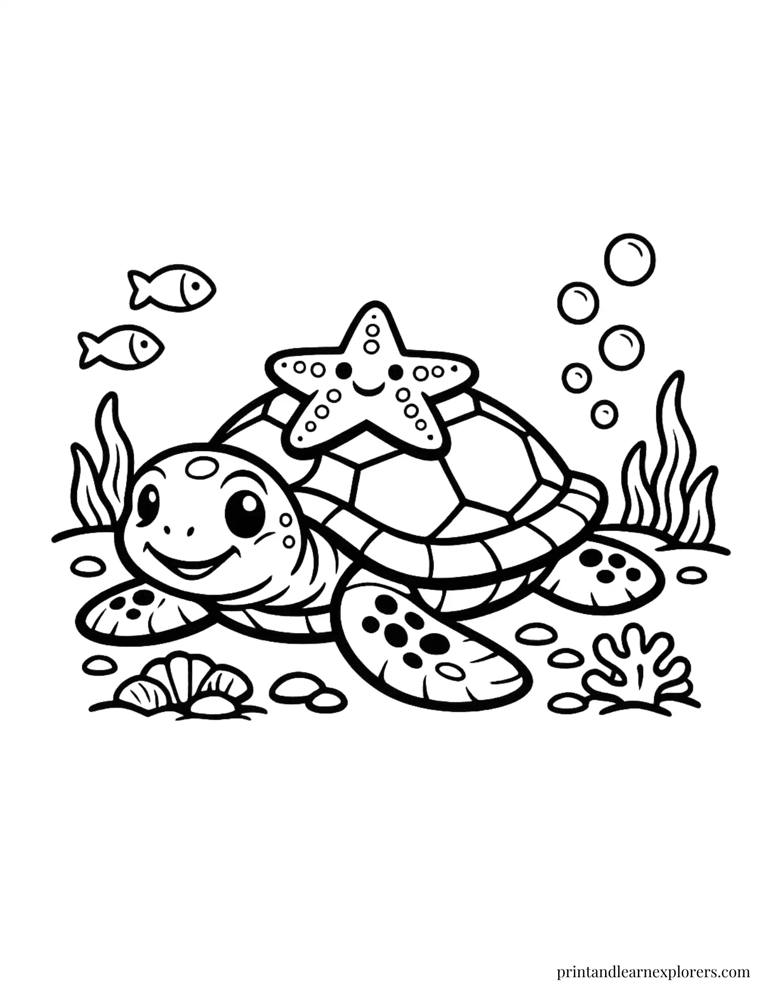 Easy sea turtle under the sea coloring page