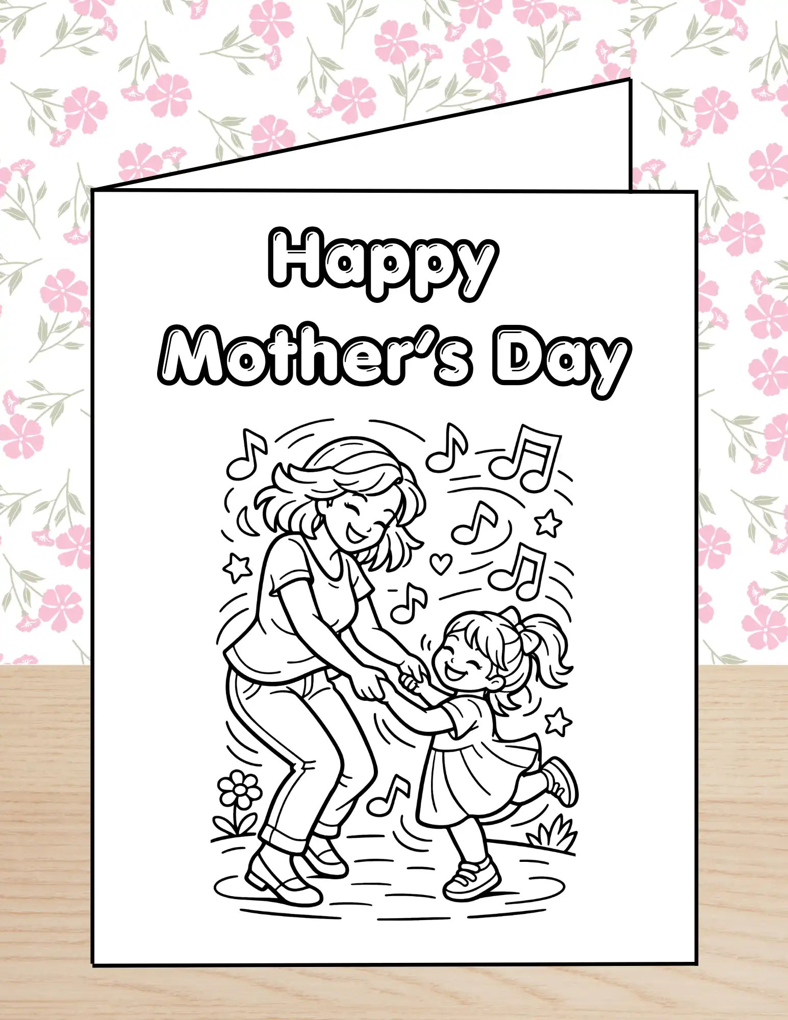 Happy Mothers Day Coloring Card Mom Daughter Dancing