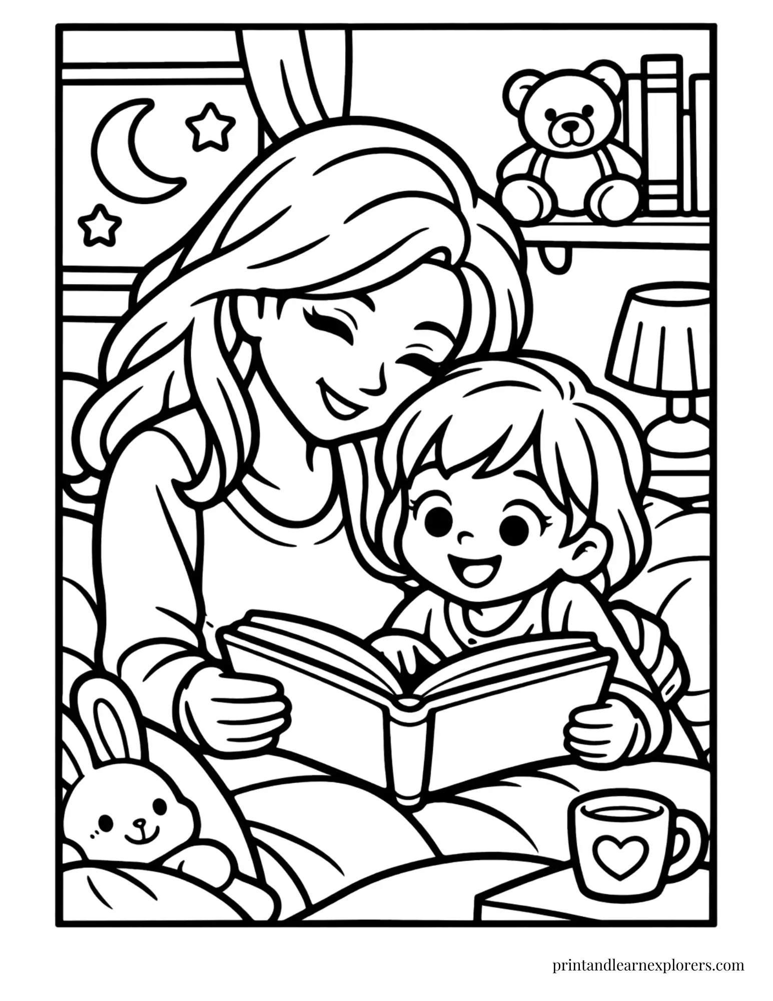 Mom and child bedtime story coloring page