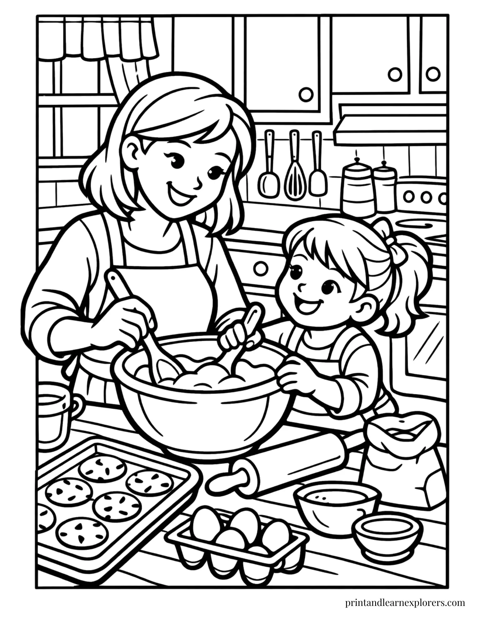 Mom and daughter baking coloring page