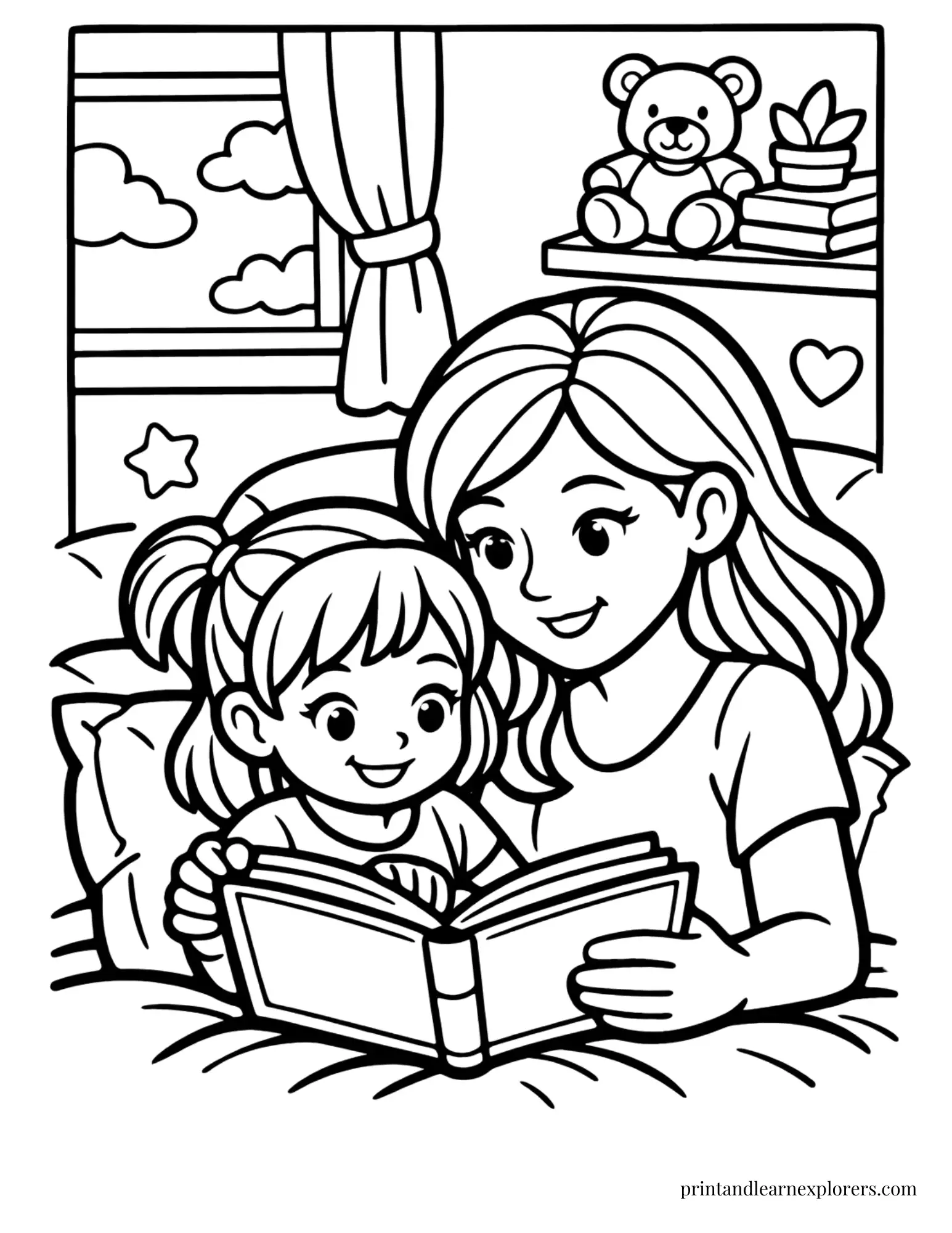 Mom and daughter bedtime story coloring page
