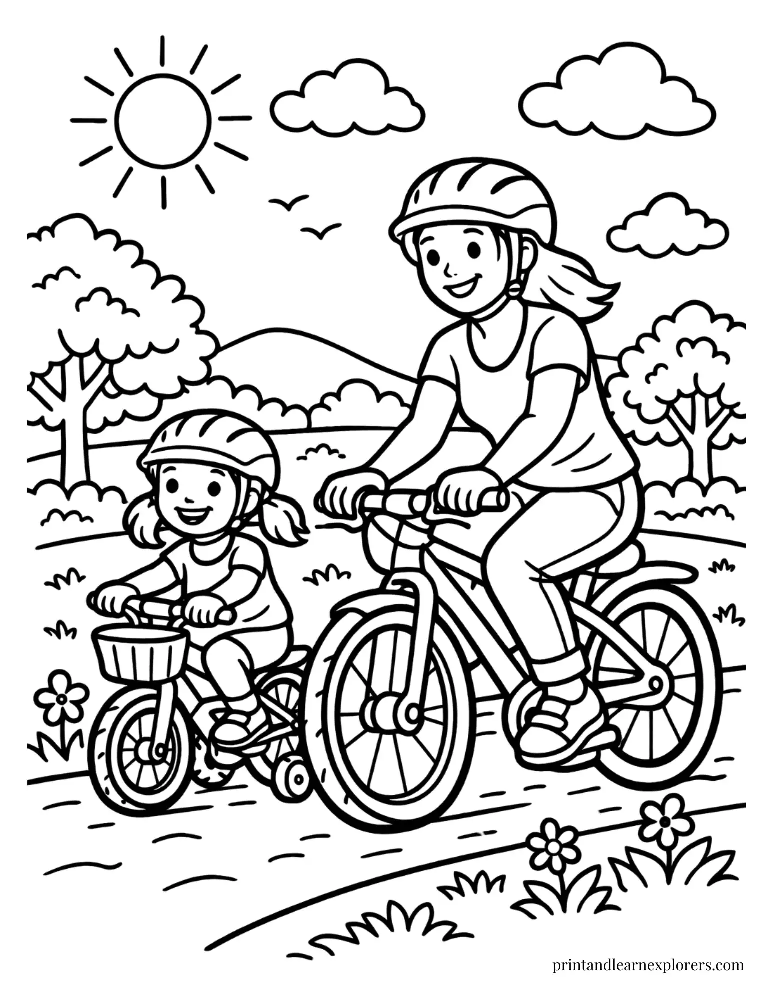 Mom and daughter bike ride coloring page