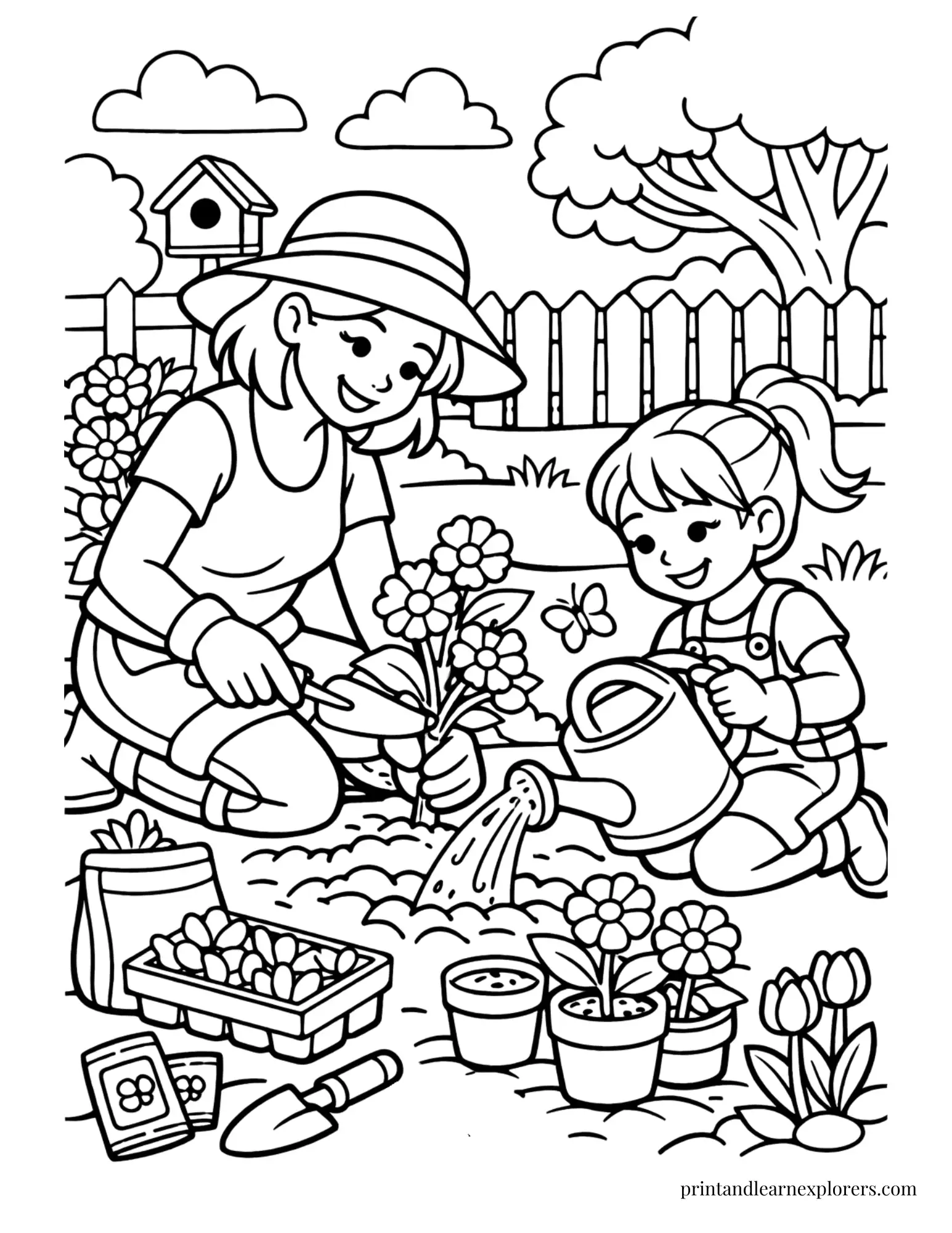 Mom and daughter gardening coloring page
