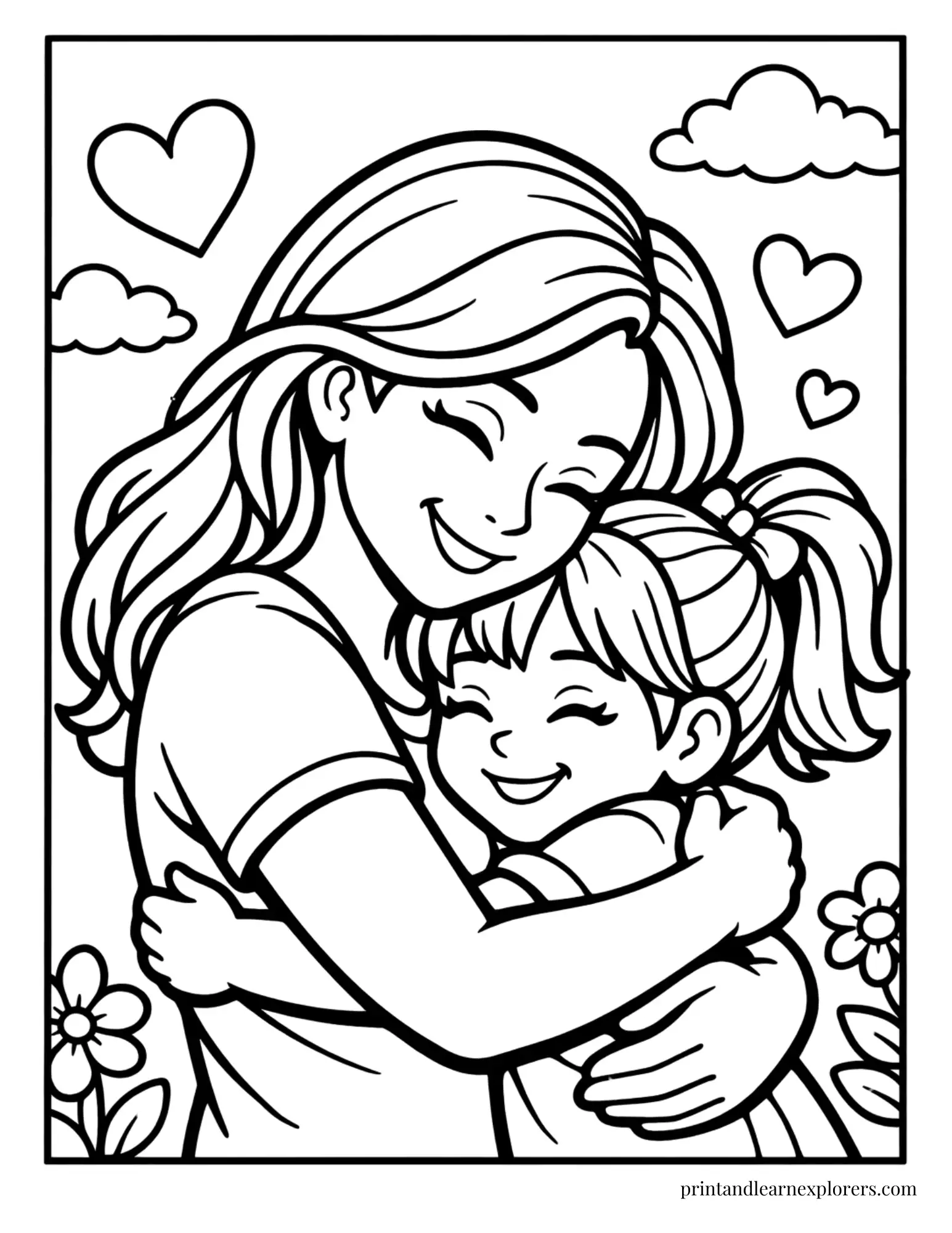 Mom and daughter hugging coloring page