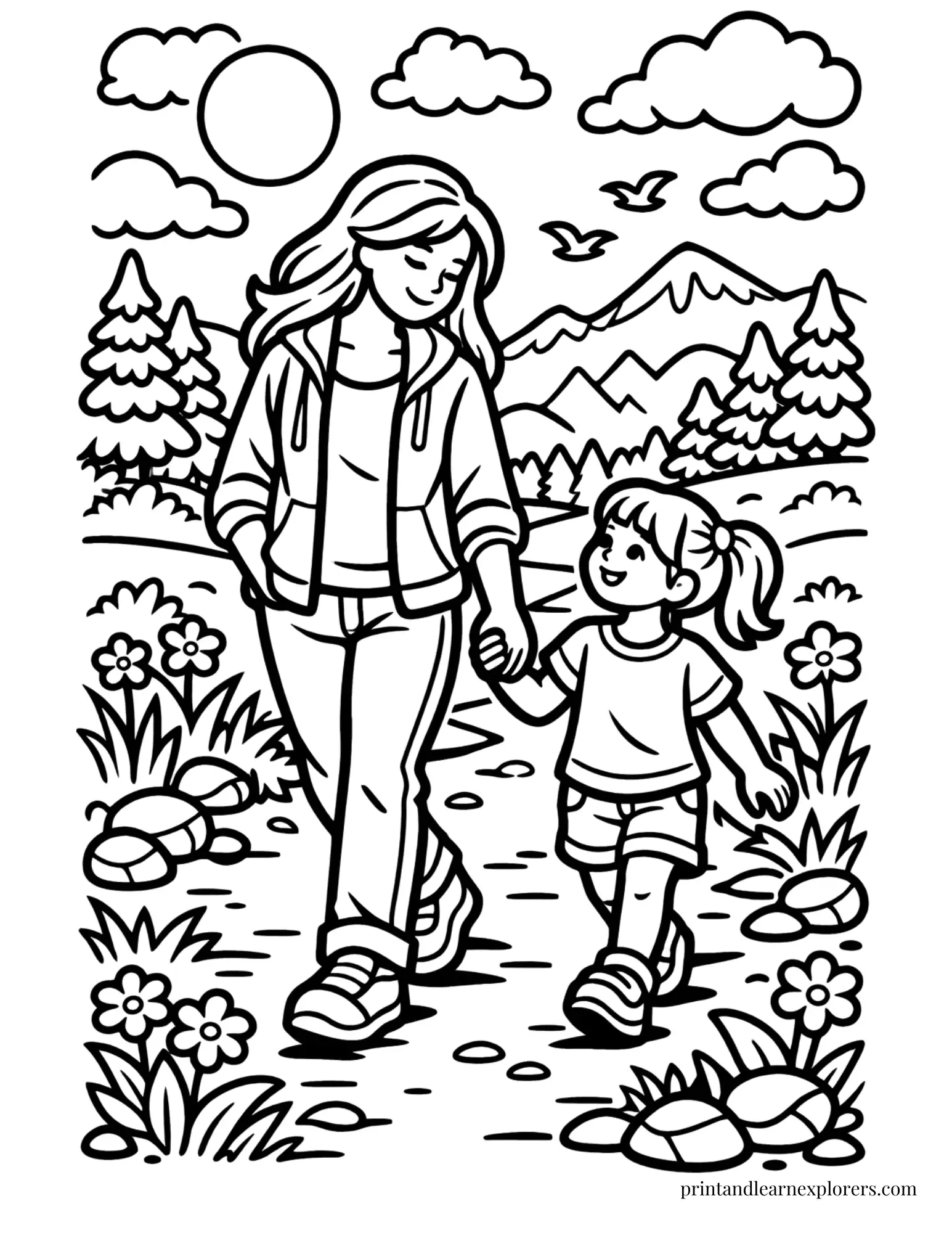 Mom and daughter nature trip coloring page