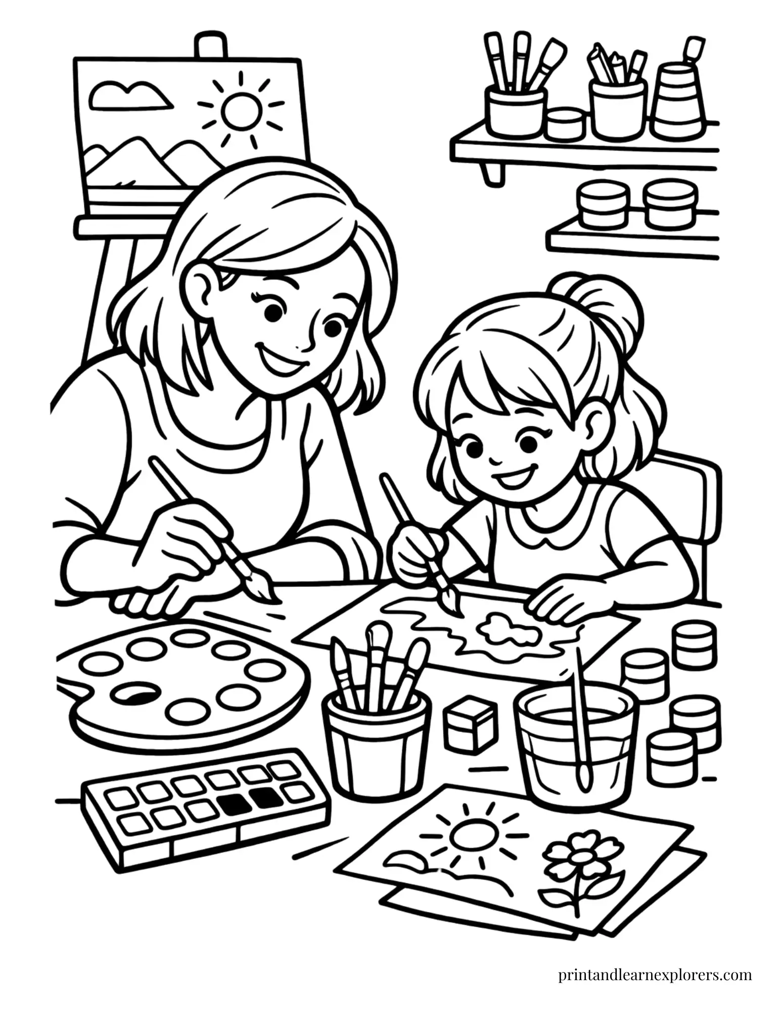Mom and daughter painting coloring page