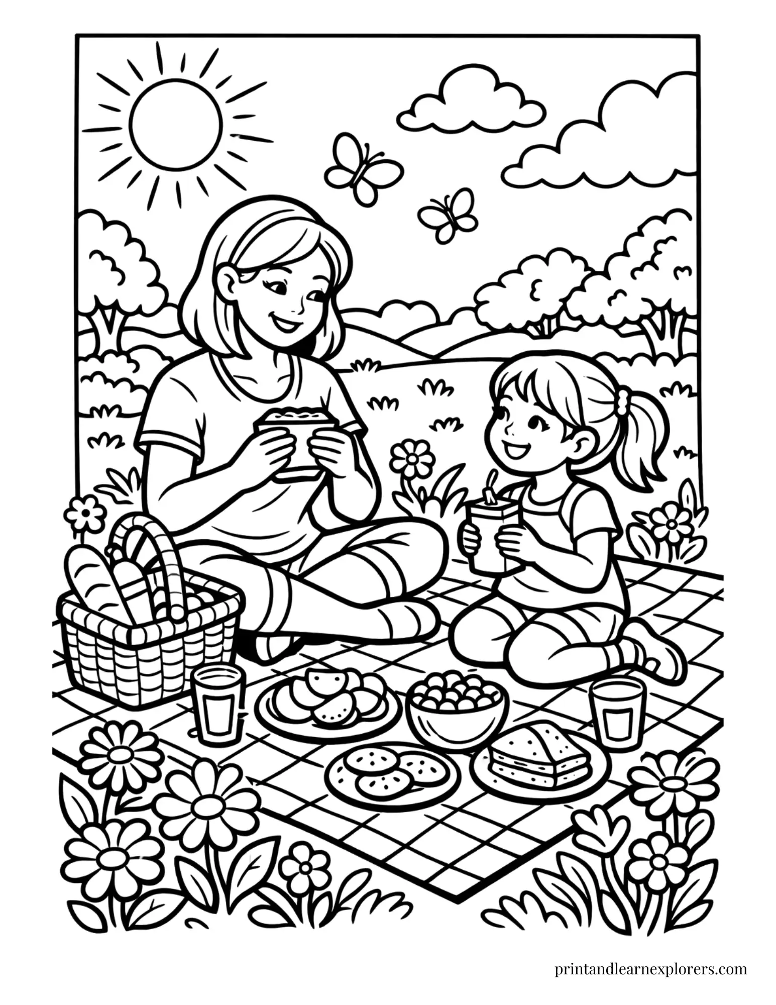 Mom and daughter picnic coloring page