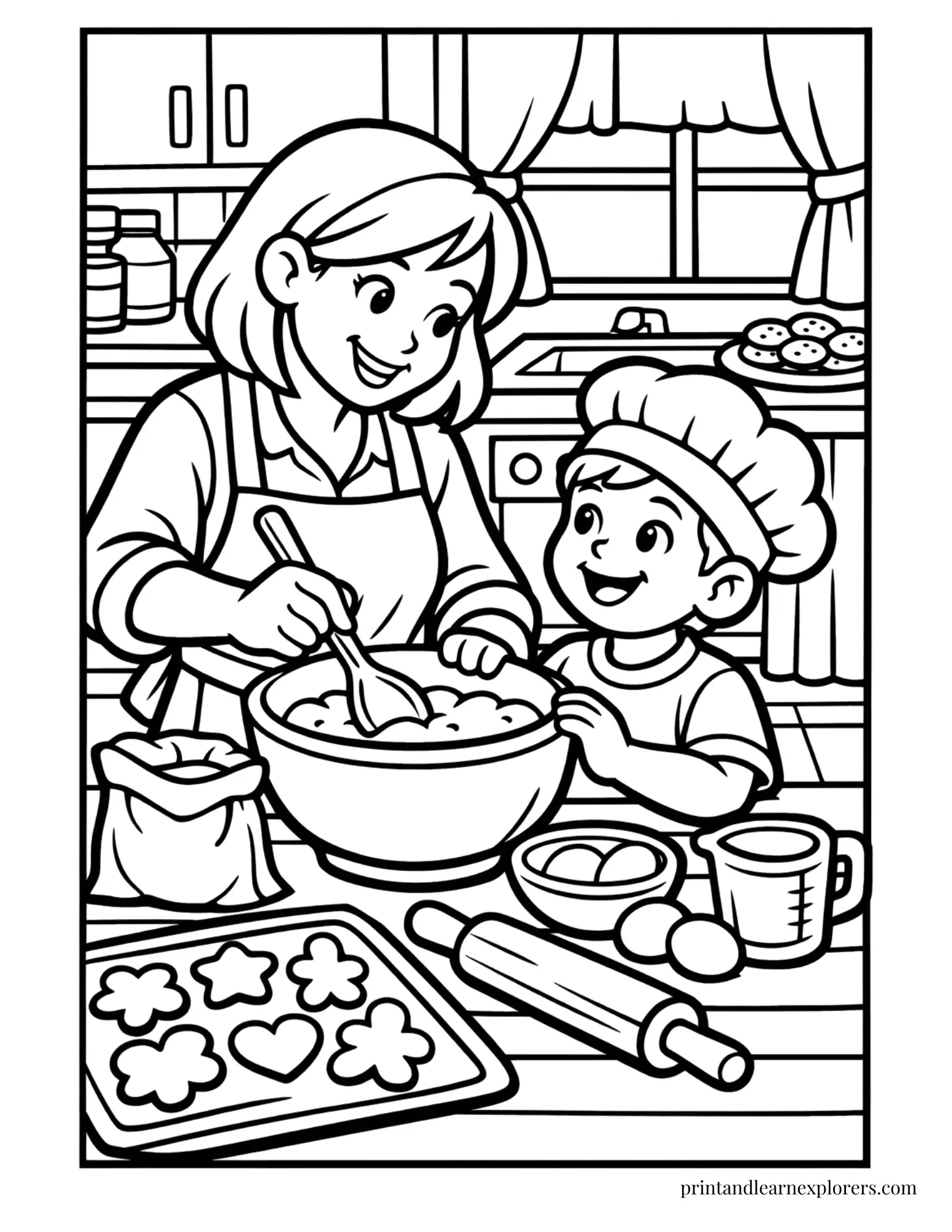 Mom and son baking coloring page