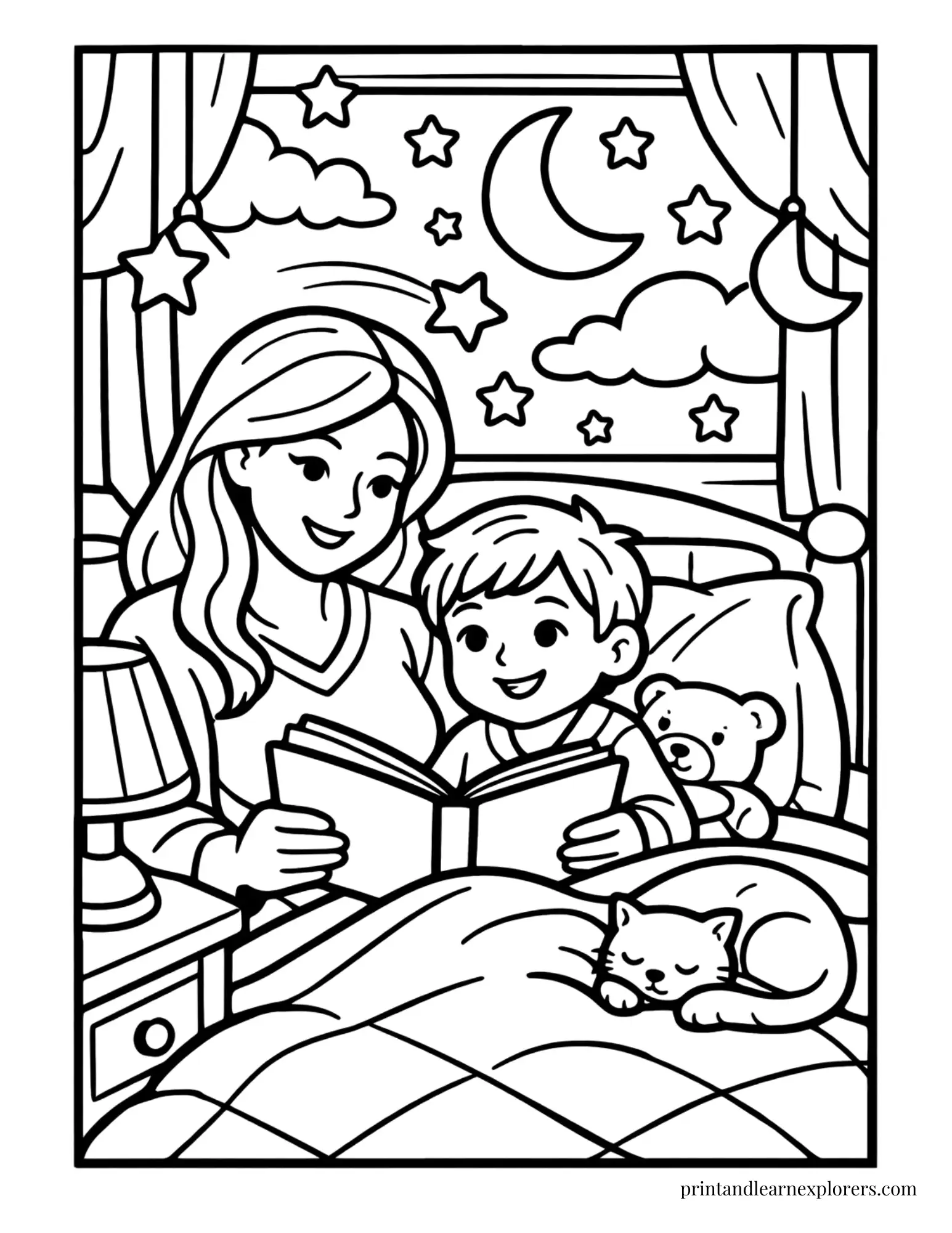 Mom and son bedtime story coloring page