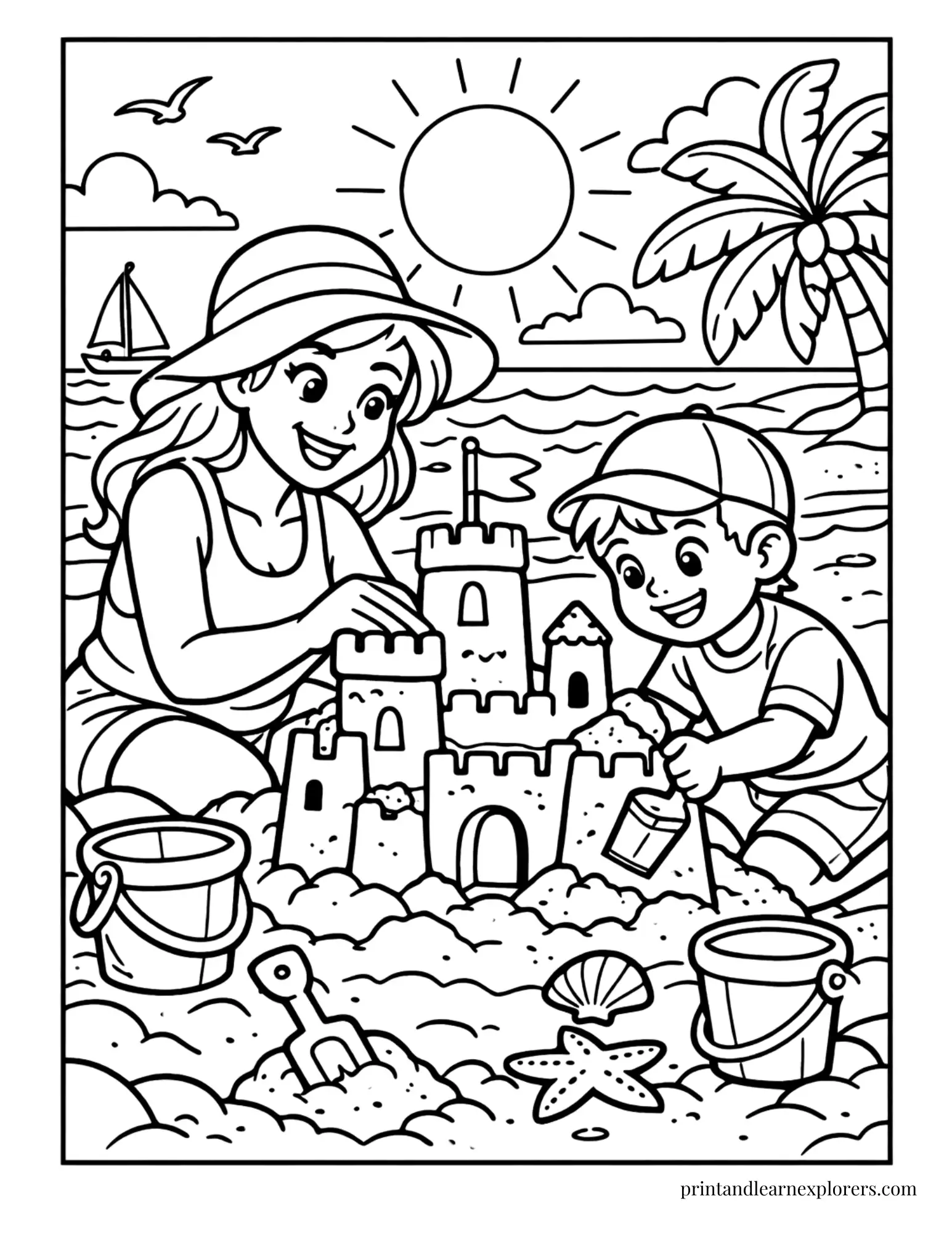 Mom and son building sandcastle coloring page