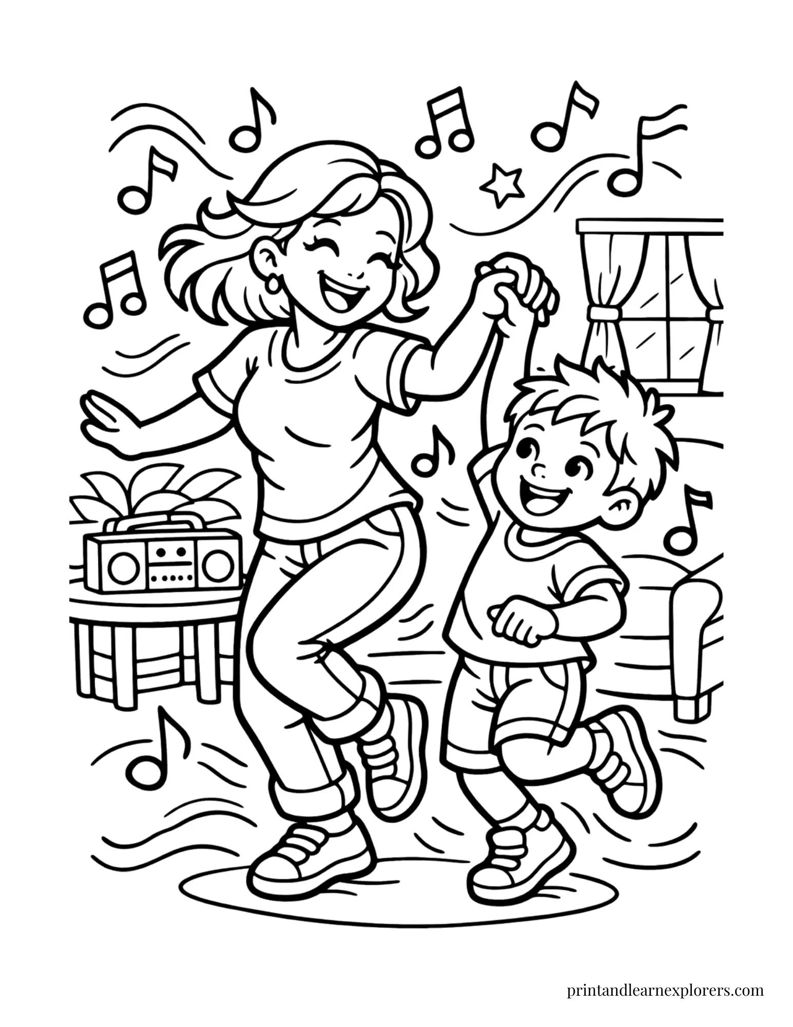 Mom and son dancing coloring page
