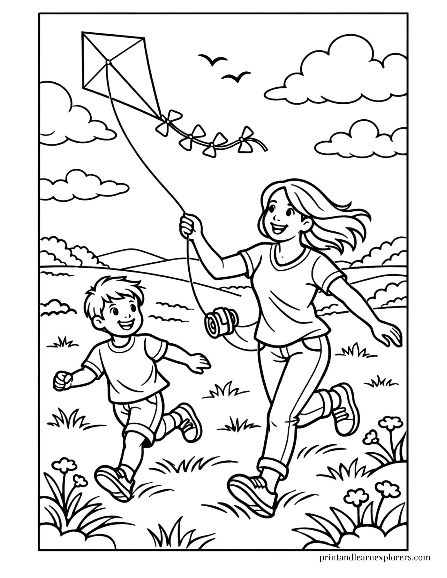 Mom and son flying kite coloring page