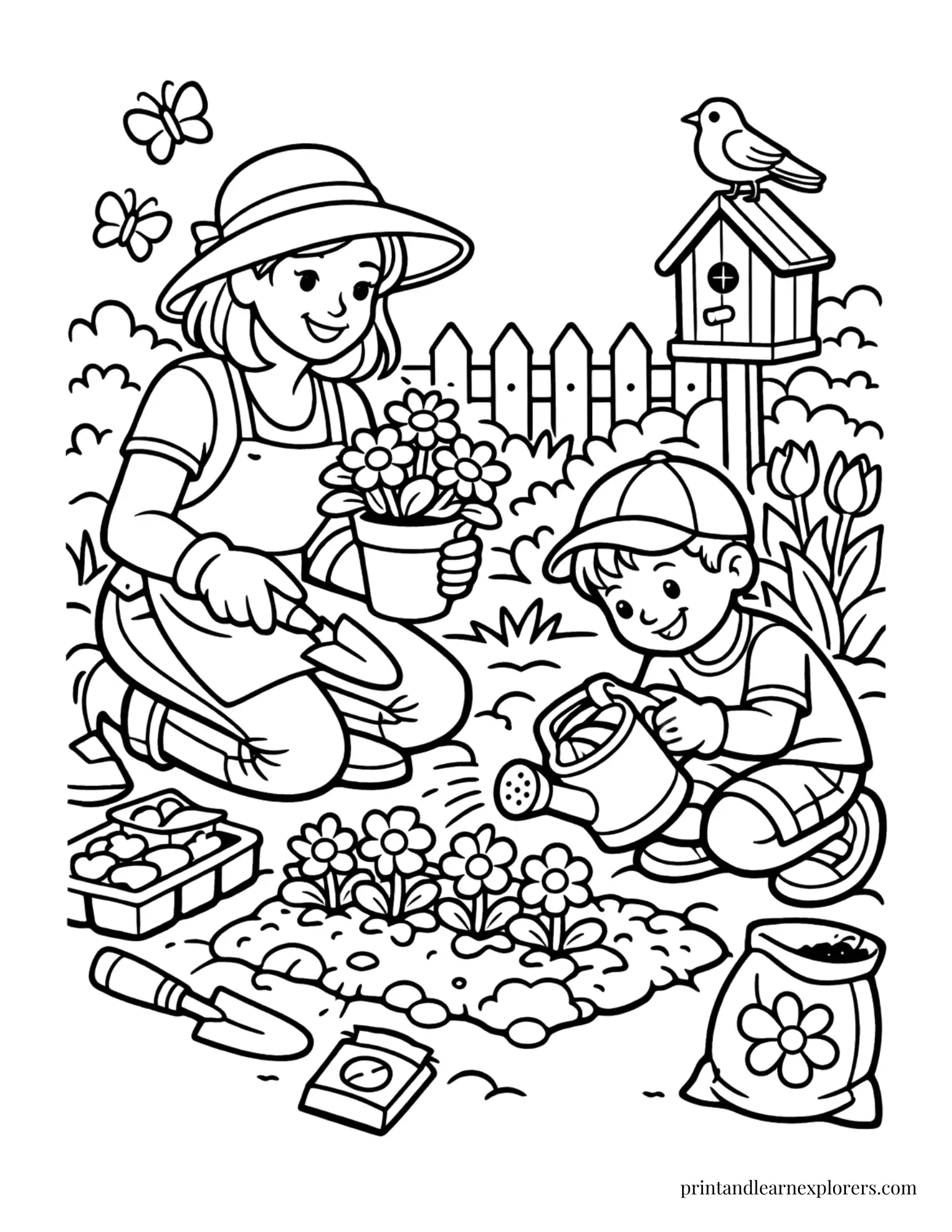 Mom and son gardening coloring page