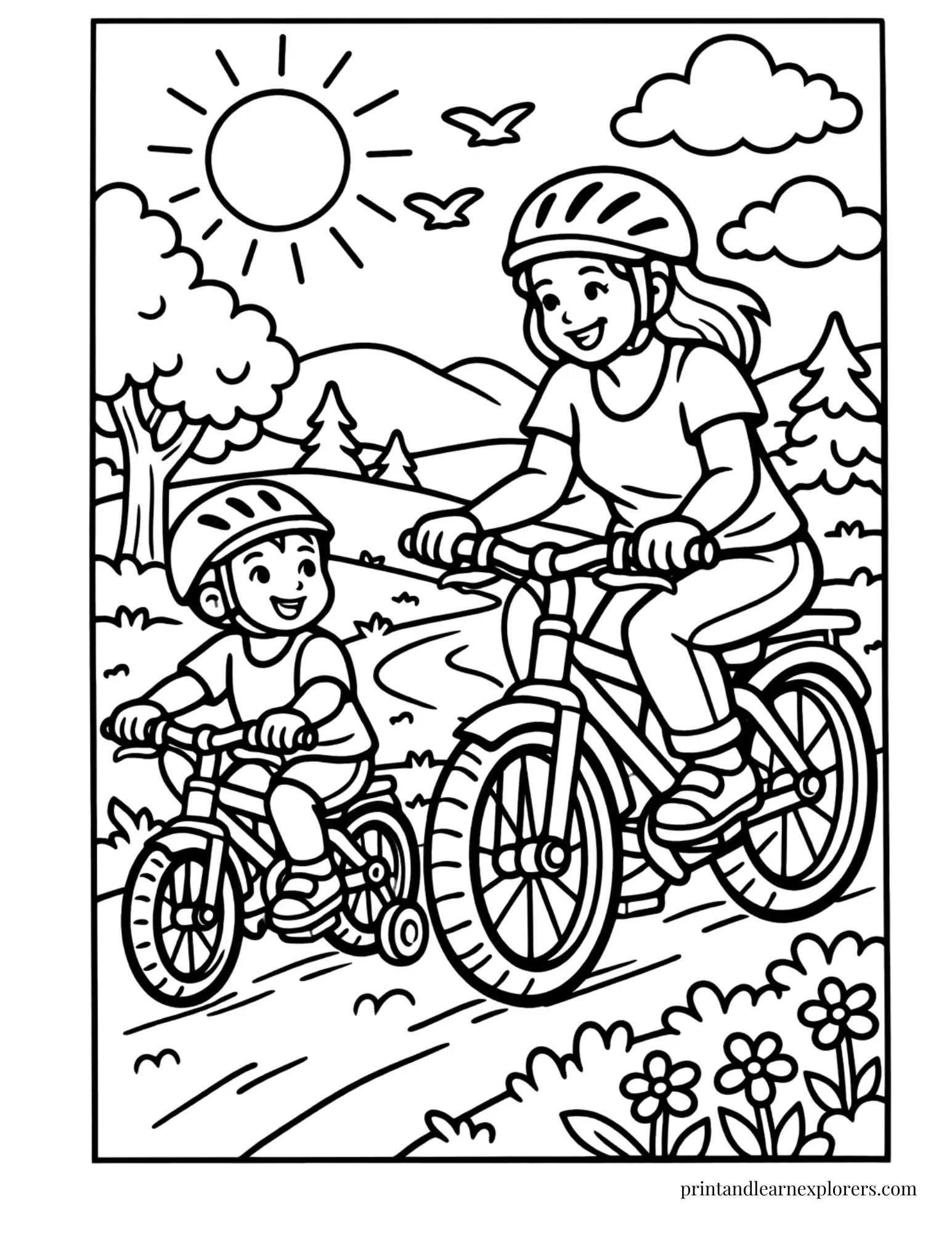 Mom and son on bike trip coloring page