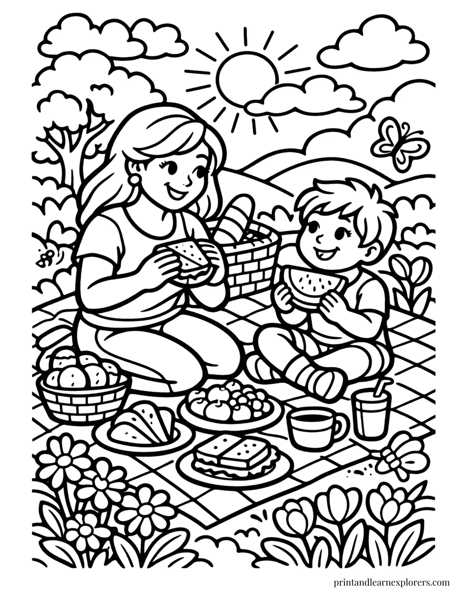 Mom and son picnic coloring page