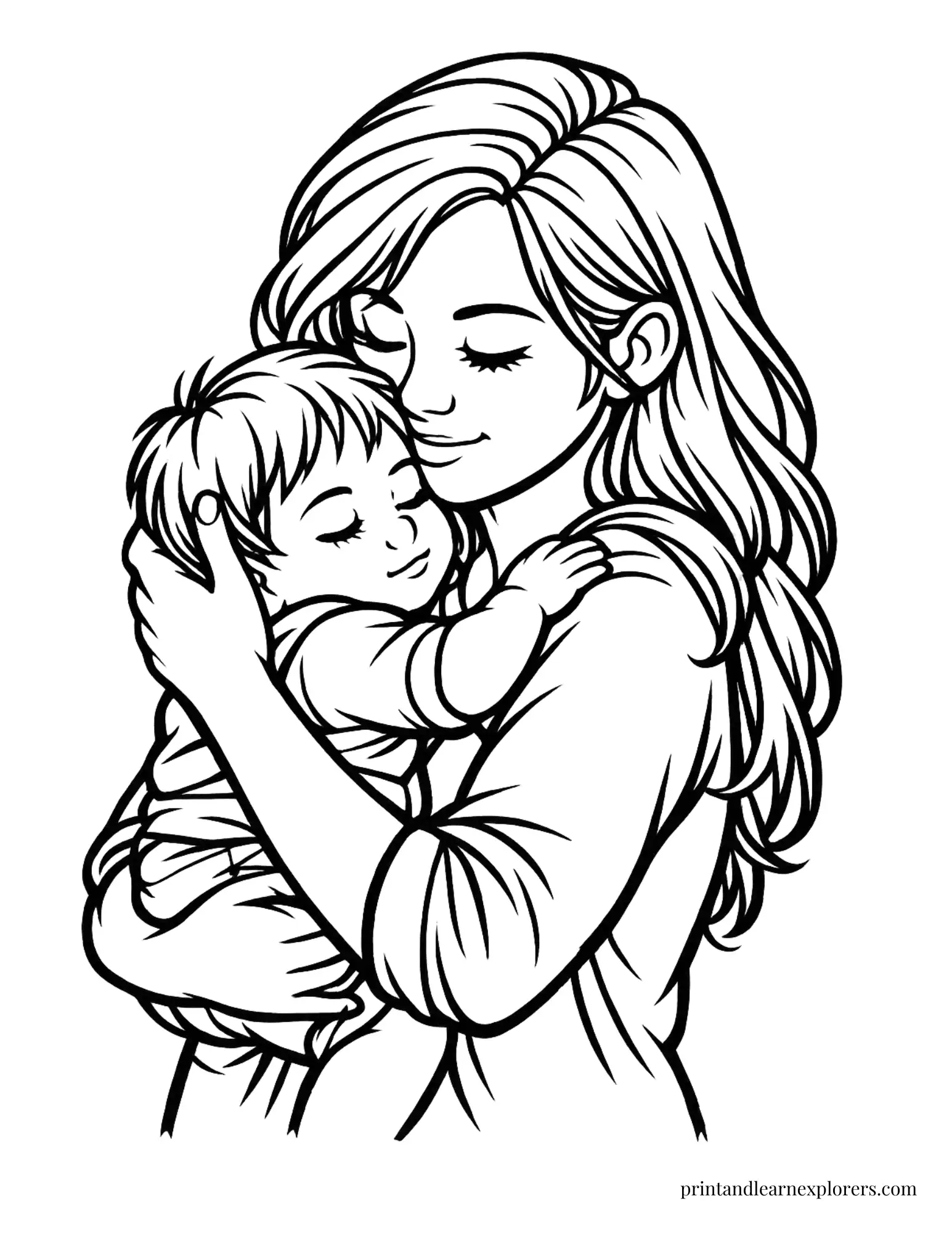 Mom hugging baby coloring page