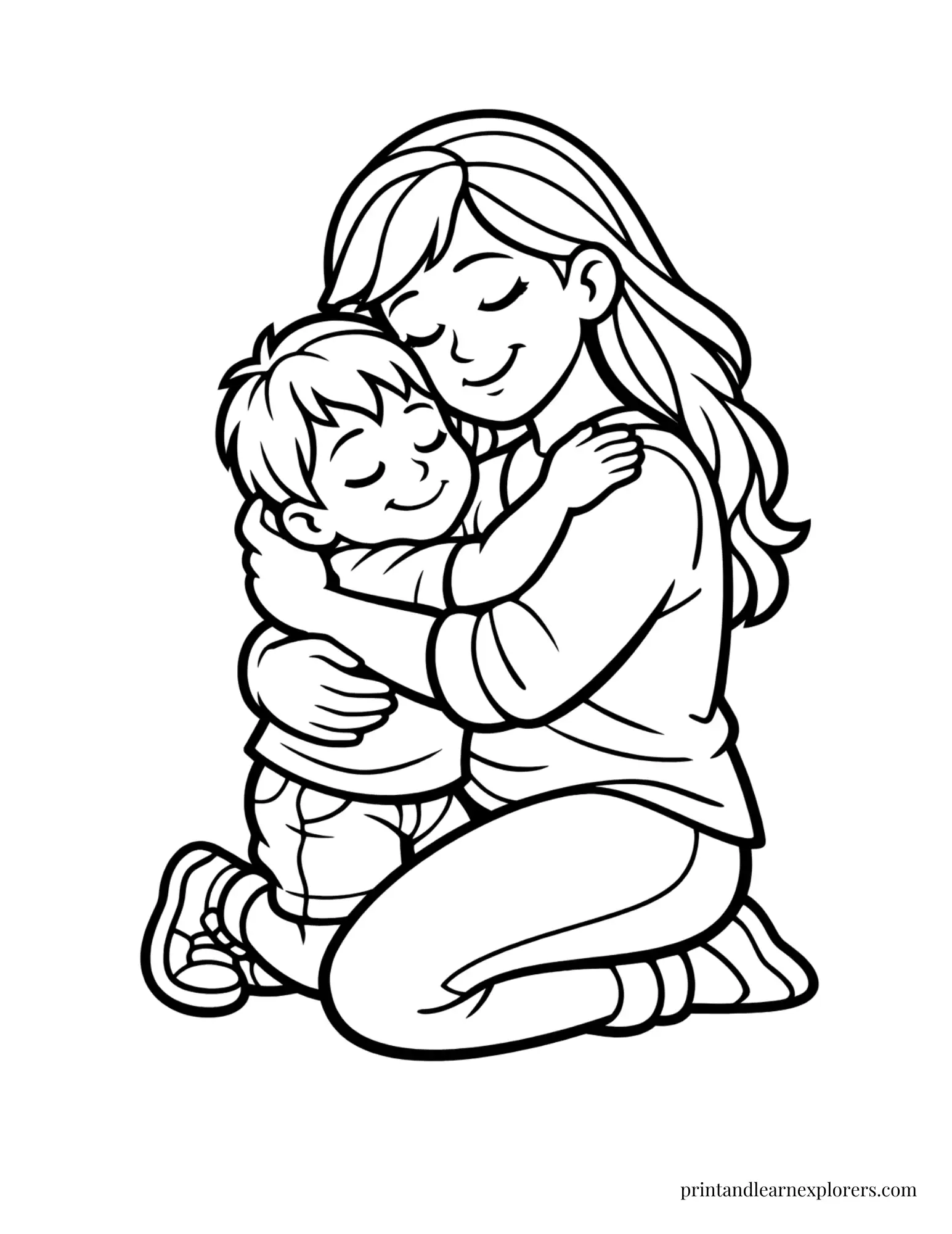 Mom hugging son coloring page