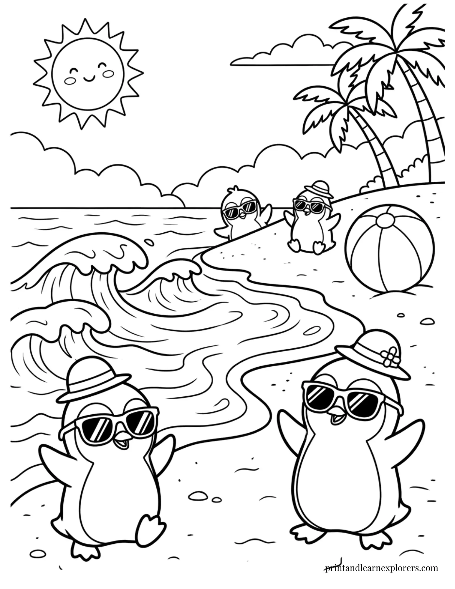 Penguins on beach day out in the sun coloring page