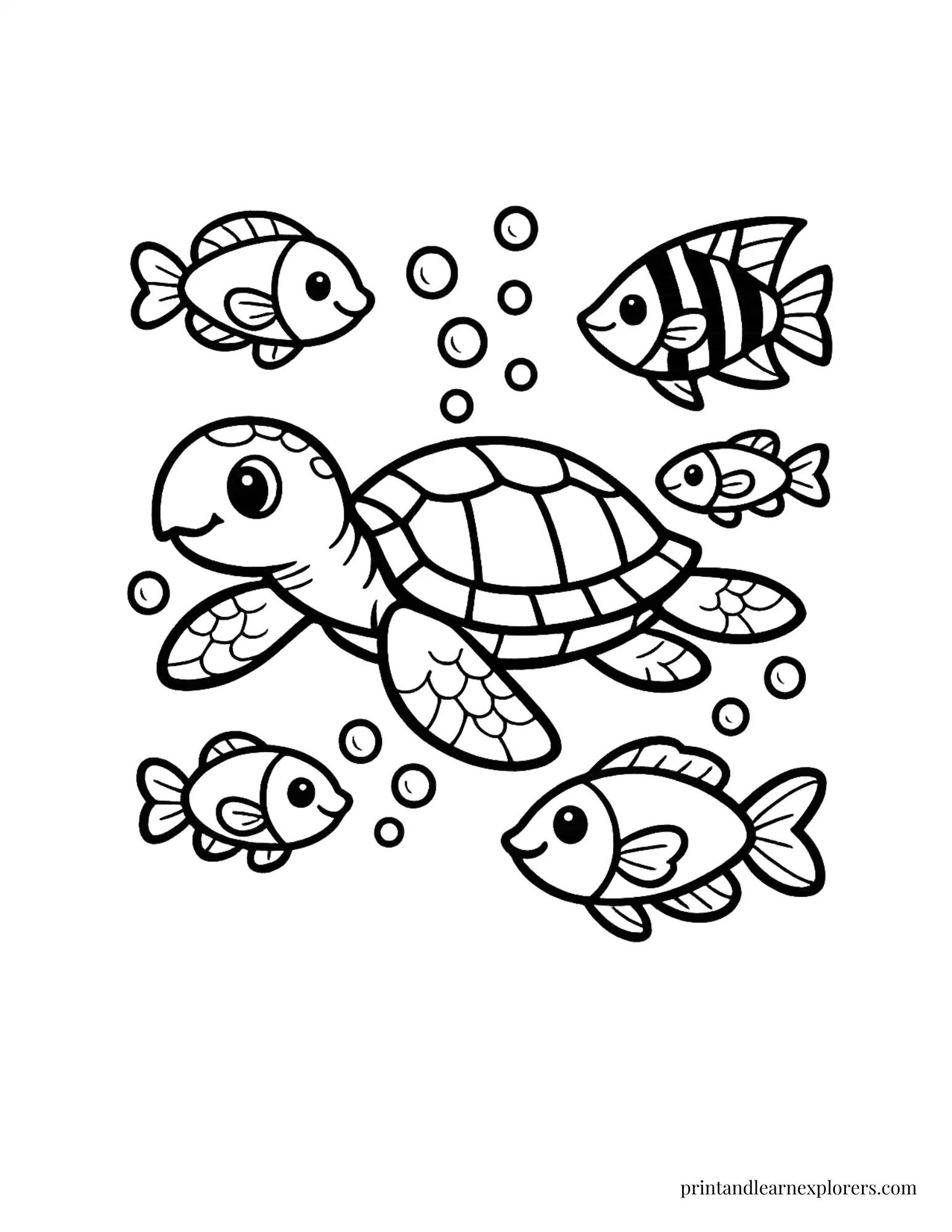 Preschool Sea Turtle Swimming with Fish Coloring Page