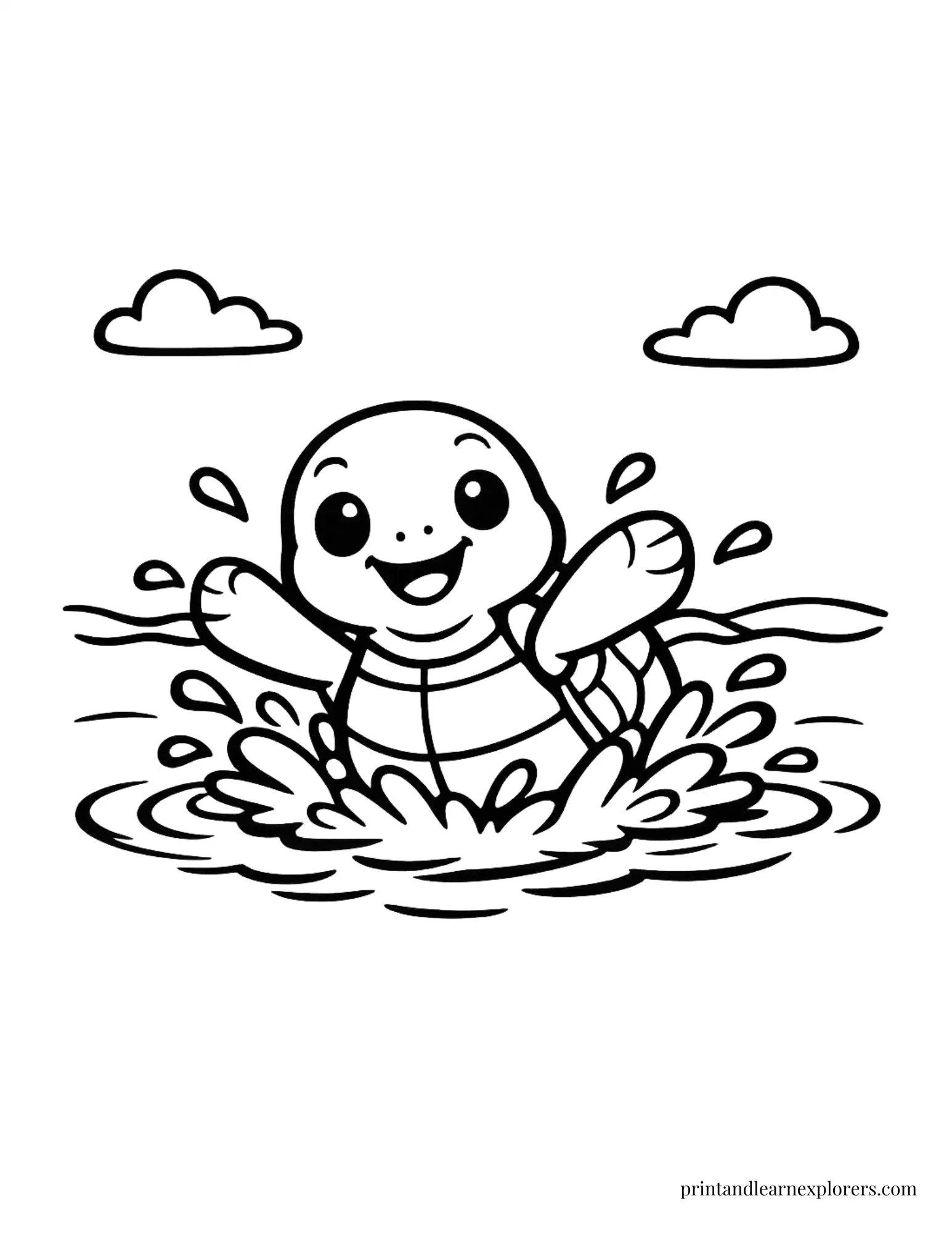 Preschool sea turtle splashing in sea coloring page