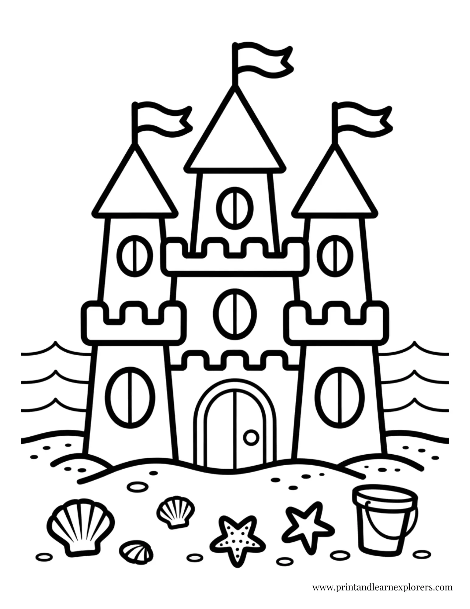 Sandcastle with flags bold lines coloring page